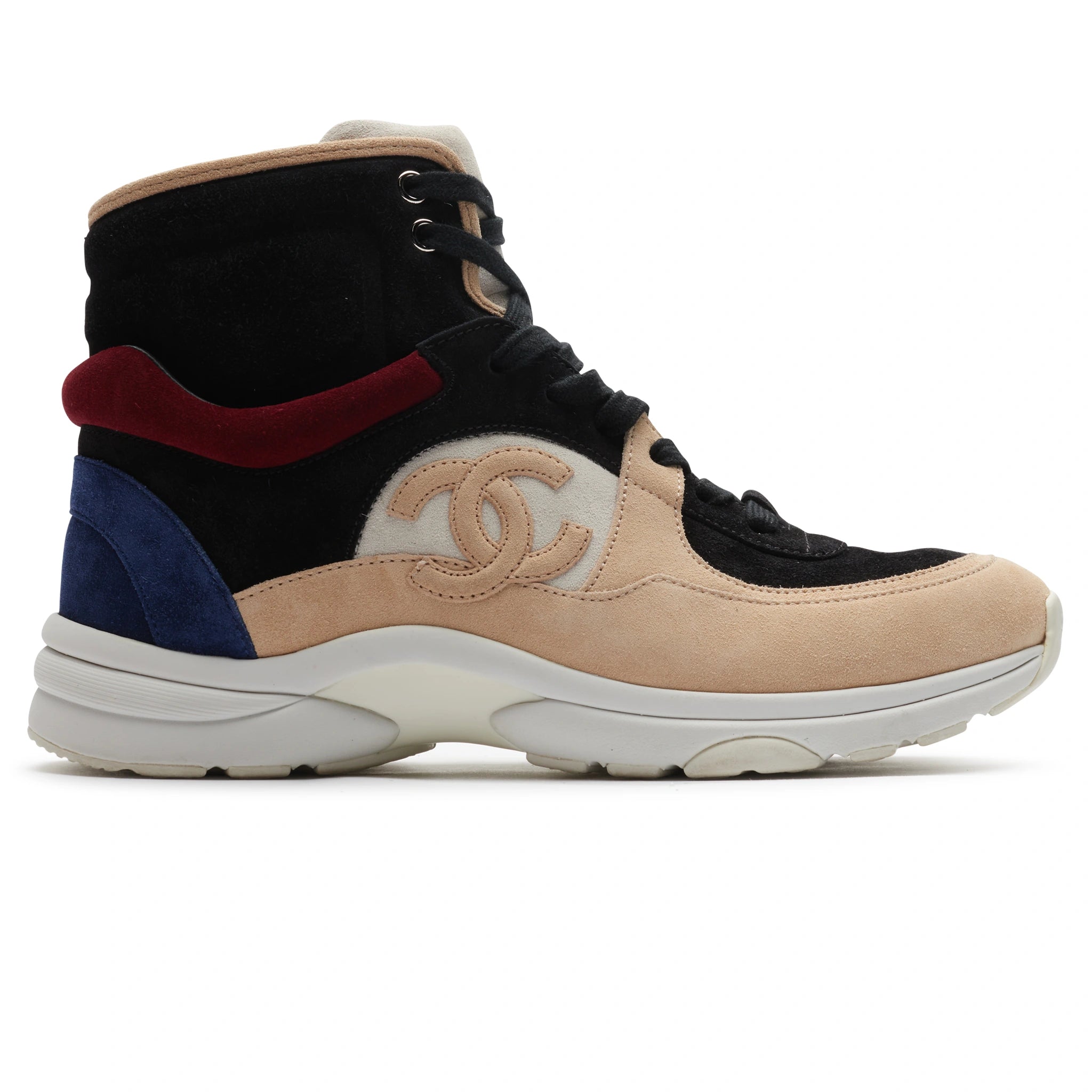 Side view of Chanel CC Logo Black Burgundy Blue Beige Suede High Sneaker - Preloved