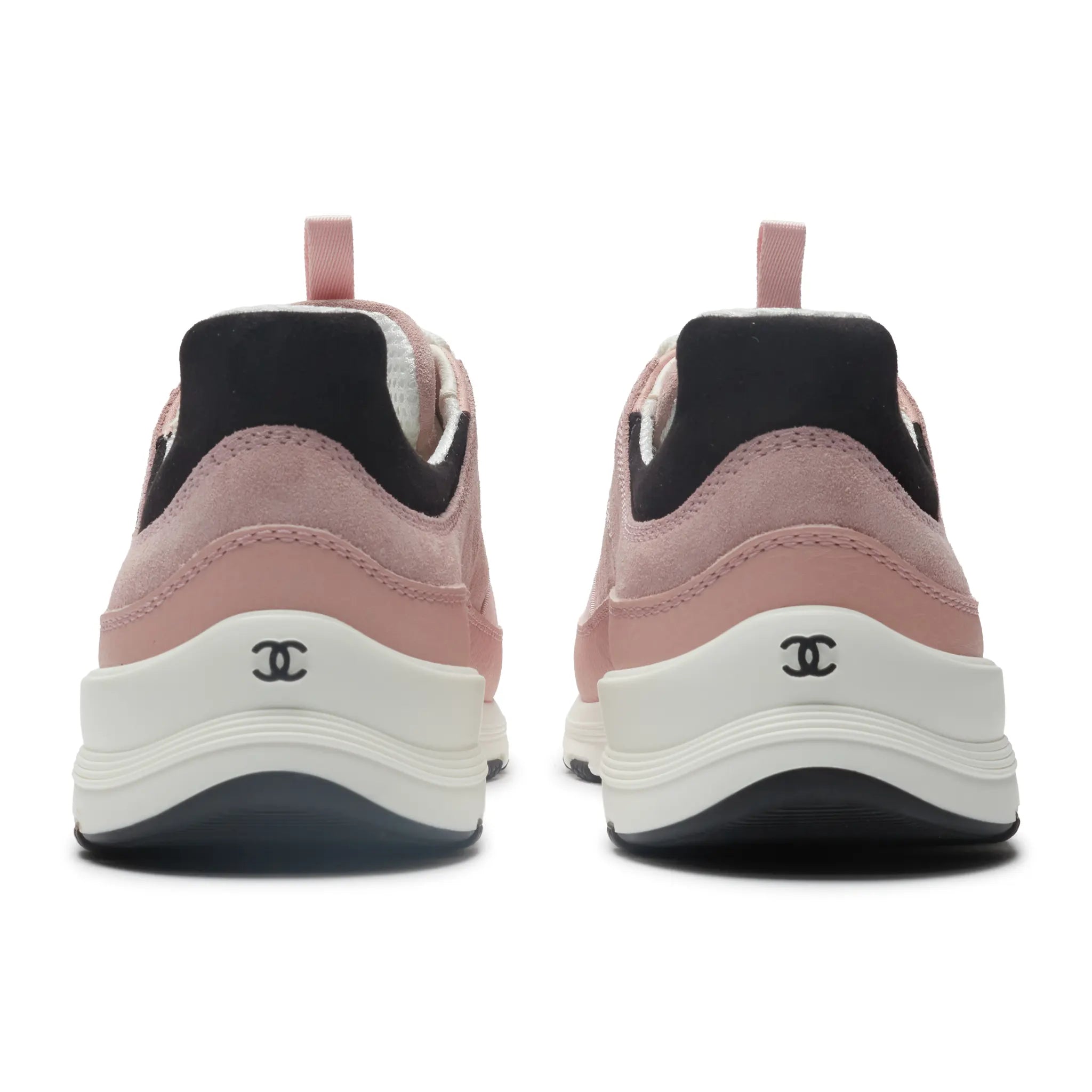 Back Side View of Chanel CC Logo Suede Calfskin Grosgrain Light Pink Black Trainers (W) G47010-B23026-U6221
