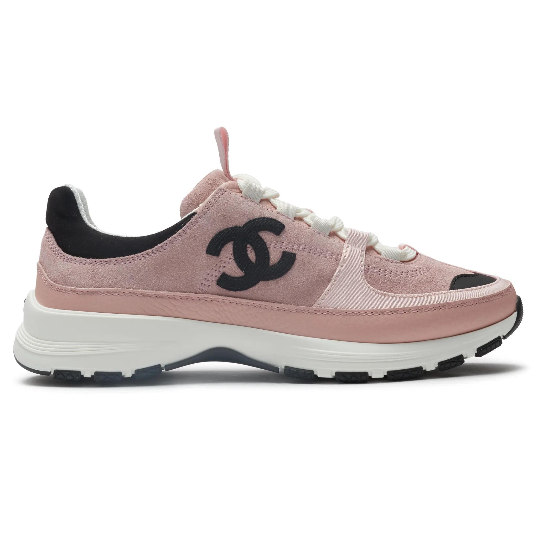 Side View of Chanel CC Logo Suede Calfskin Grosgrain Light Pink Black Trainers (W) G47010-B23026-U6221