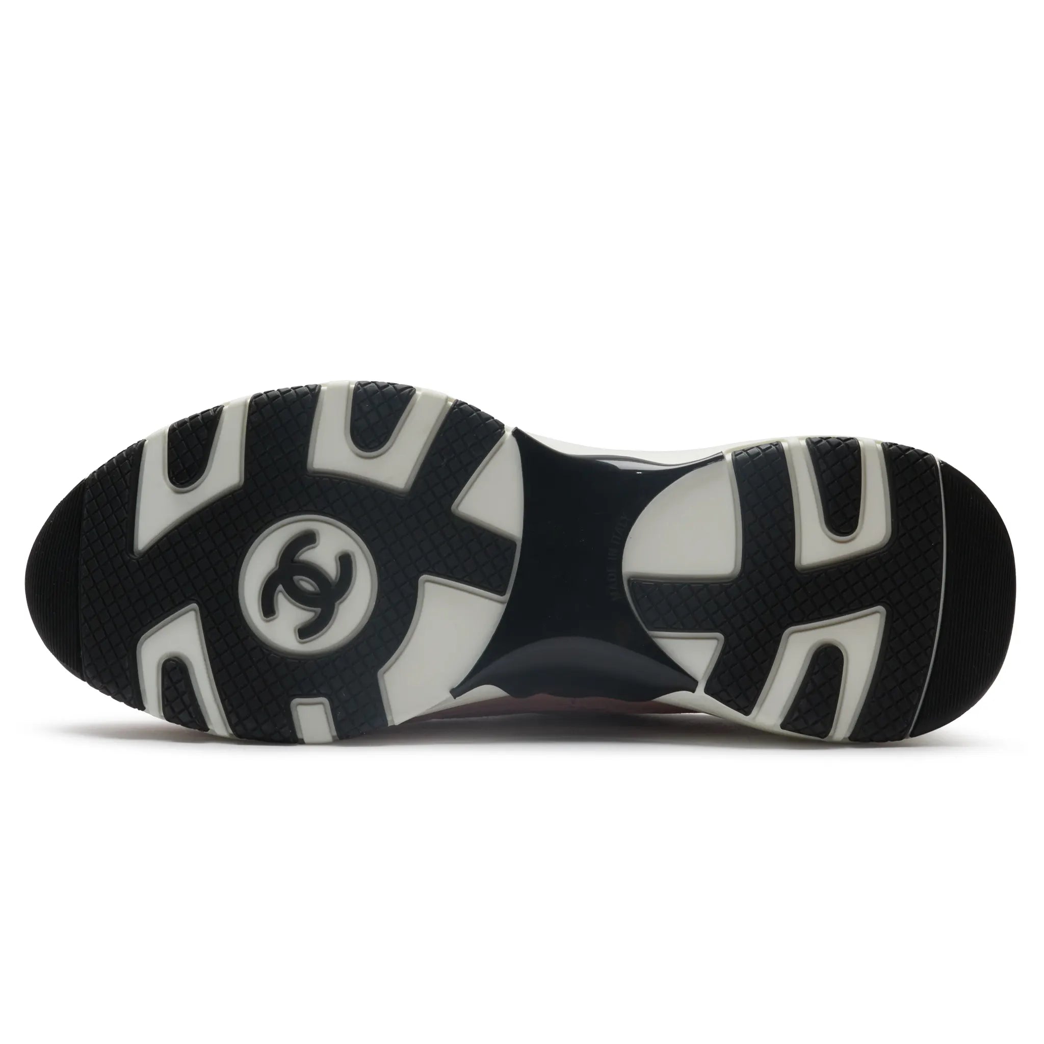 Sole View of Chanel CC Logo Suede Calfskin Grosgrain Light Pink Black Trainers (W) G47010-B23026-U6221
