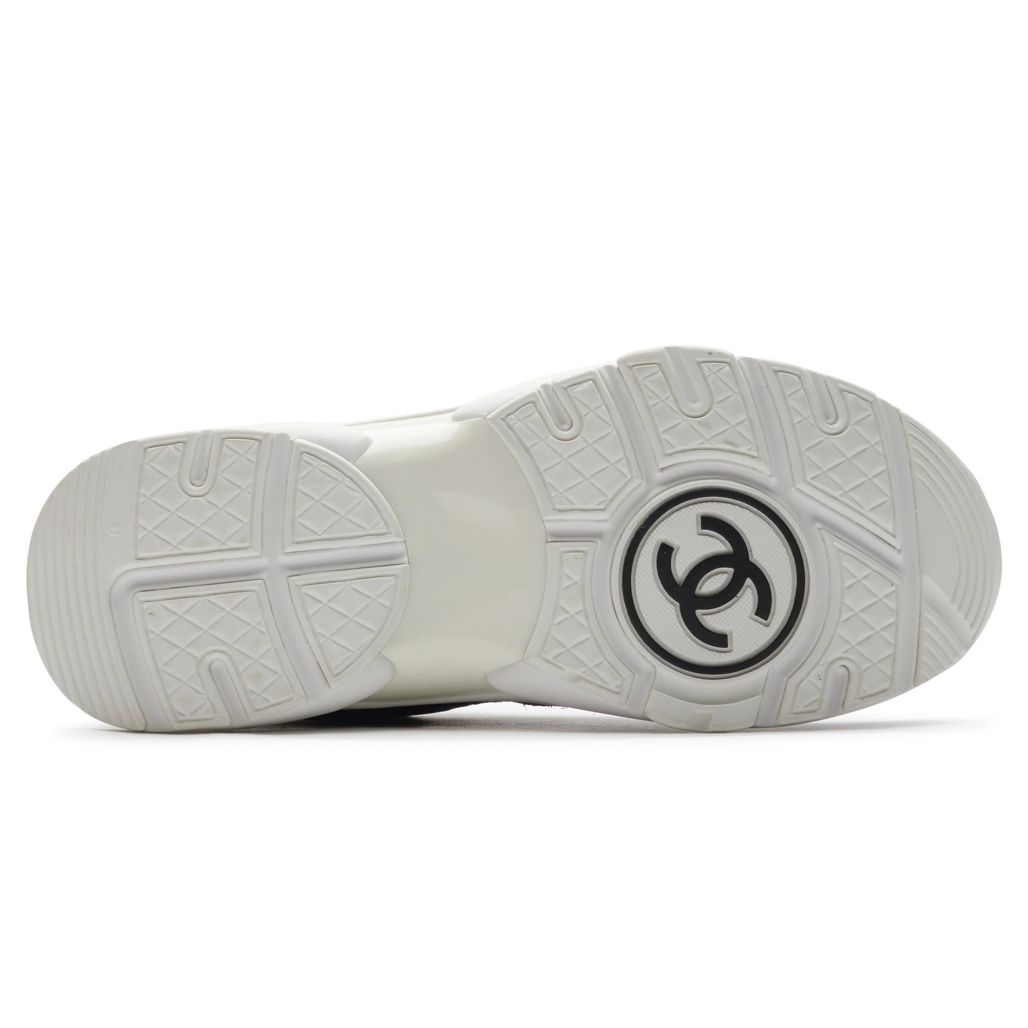 Sole view of Chanel CC Logo Suede Nylon Navy Turquoise Sneaker - Preloved