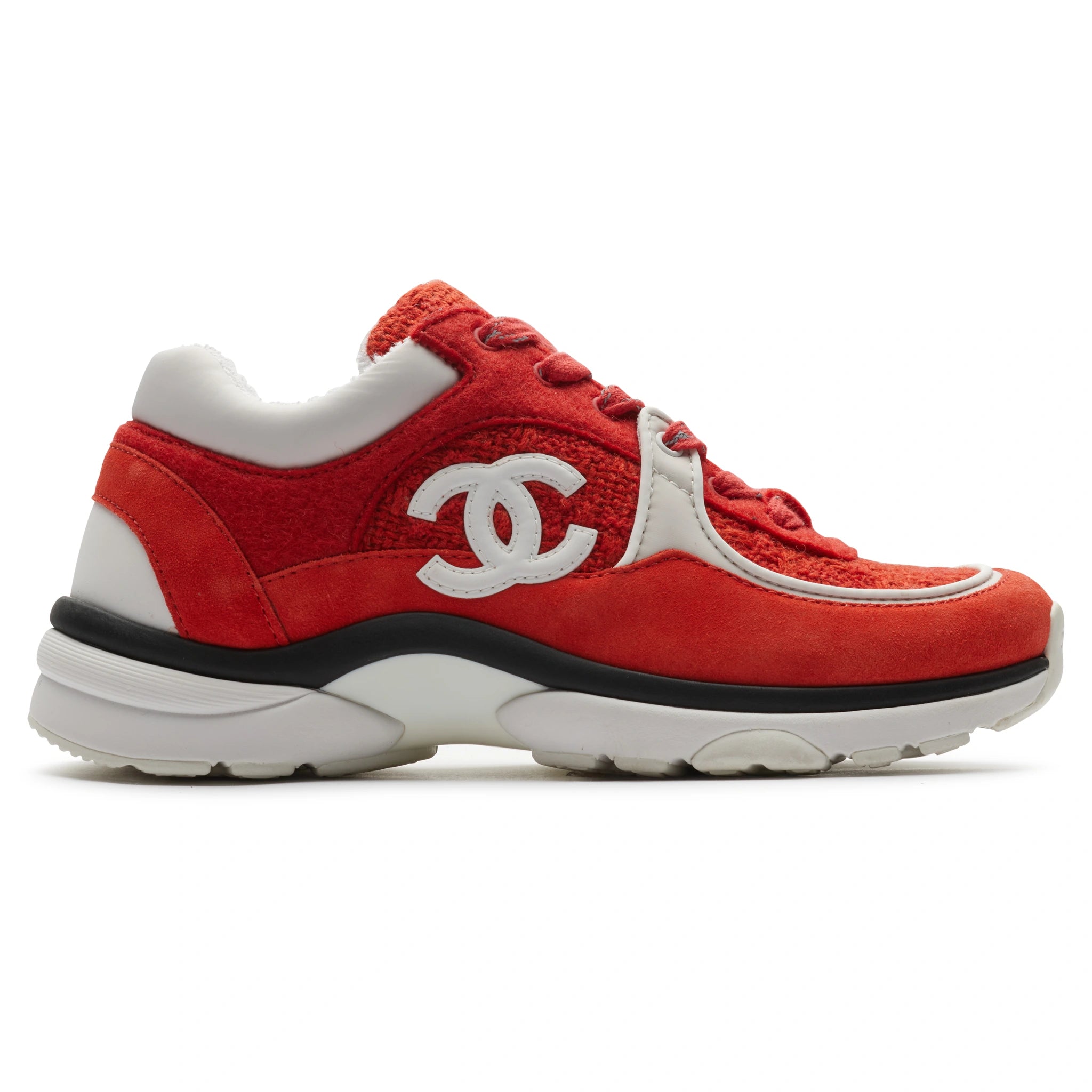 Side view of Chanel CC Logo Suede Red Tweed Sneaker