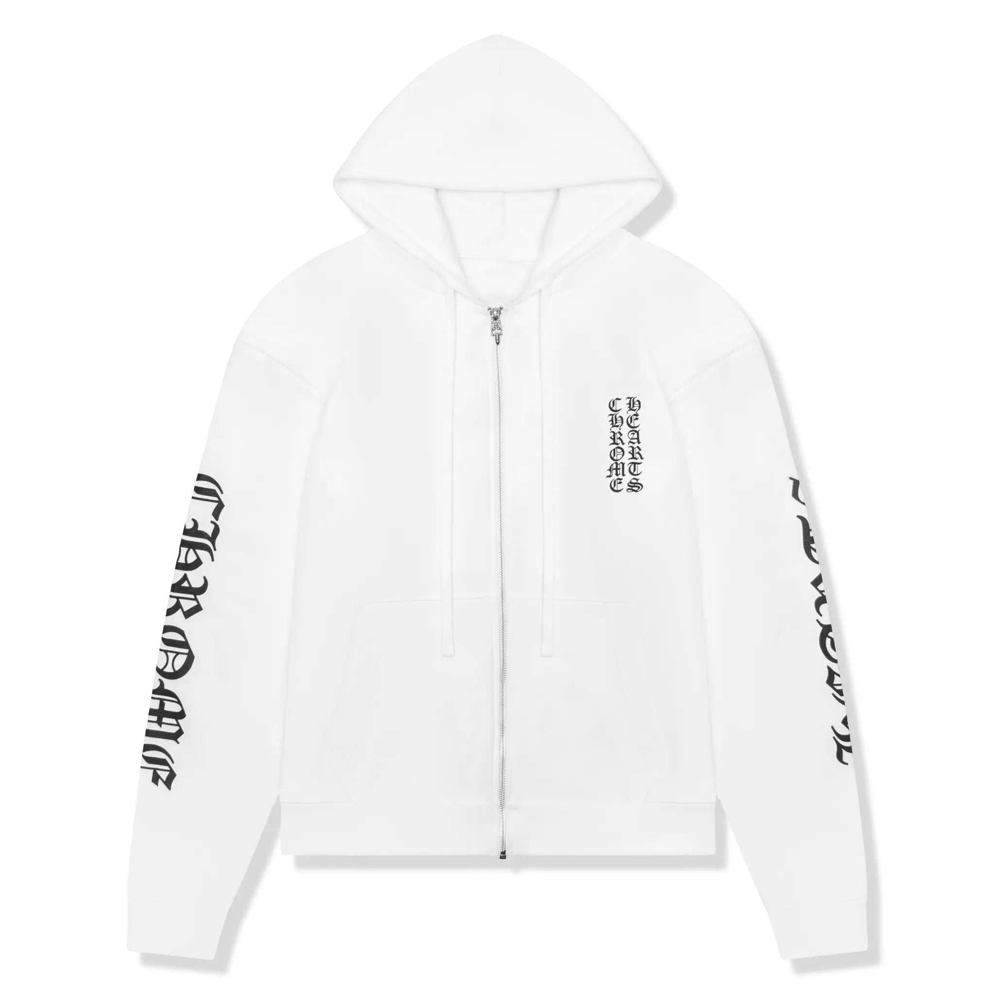 Front View of Chrome Hearts 1988 Script Logo White Zip-Up Hoodie