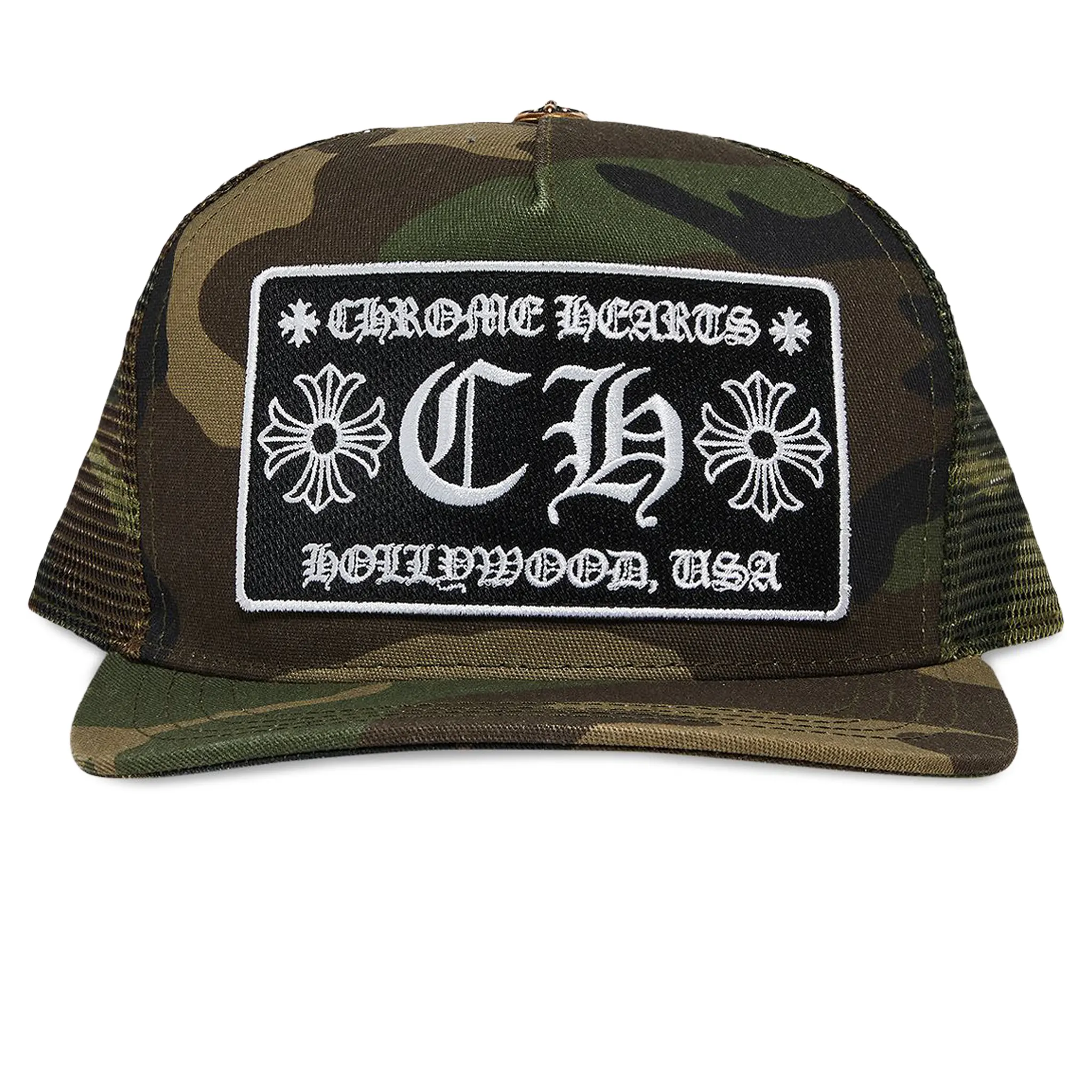 Front View of Chrome Hearts CH Hollywood Camo Green Trucker Cap 1383 100000701HTH-GREE