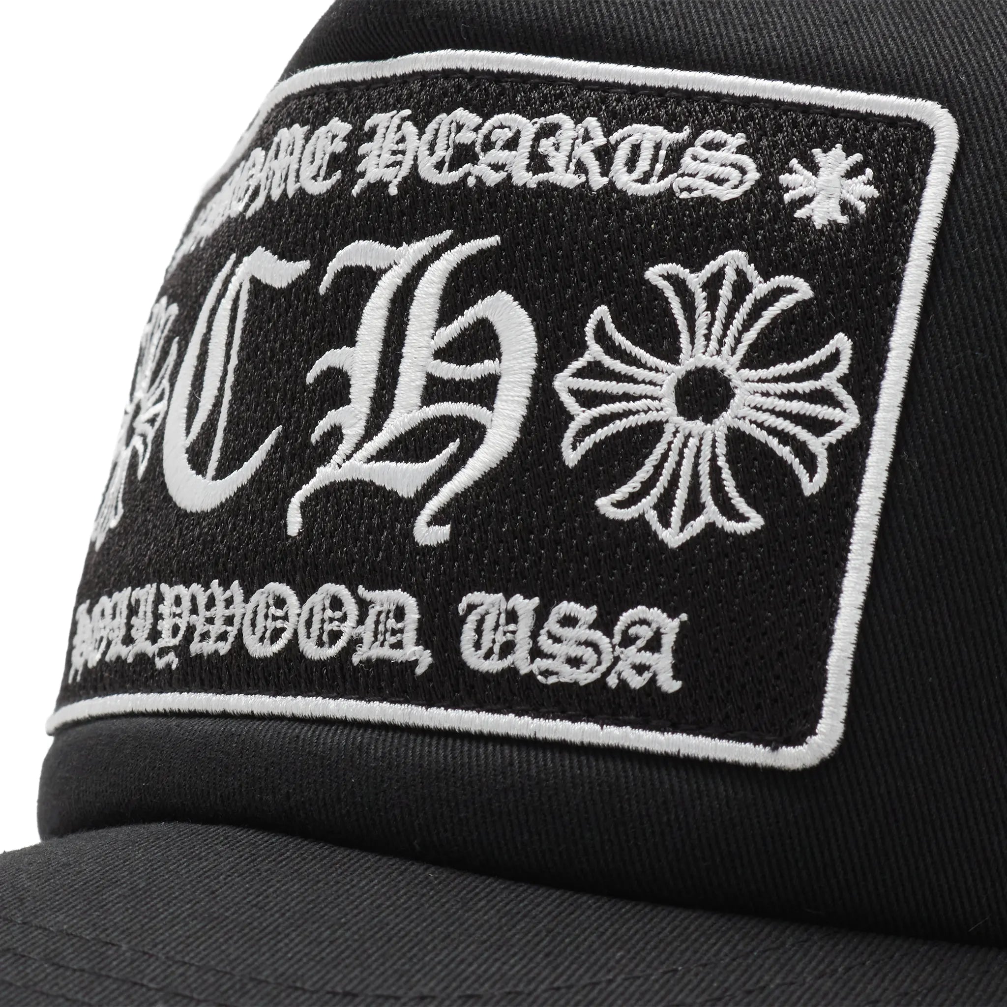 Front View of Chrome Hearts CH Hollywood Usa Black Trucker Cap