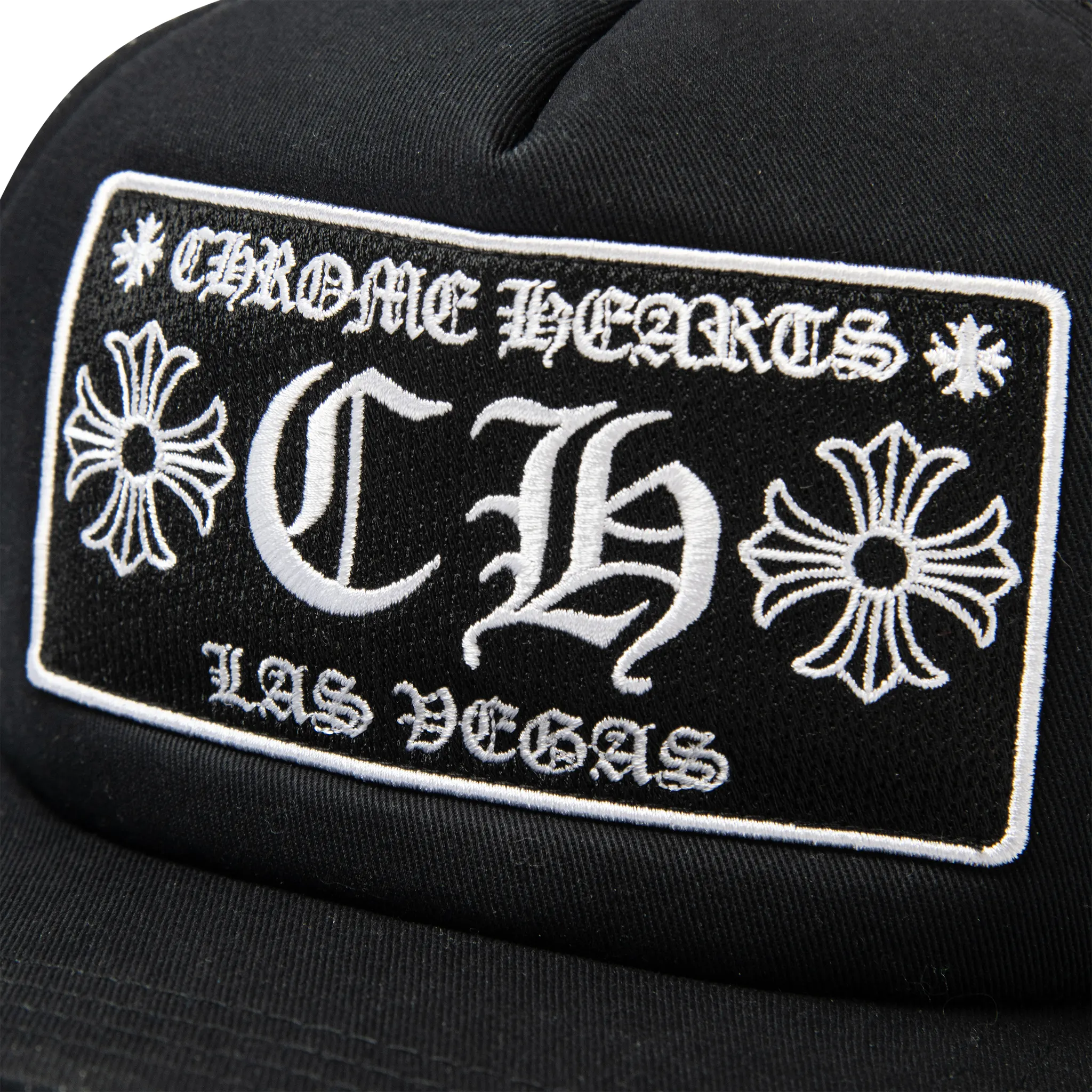 Detailed Front View of Chrome Hearts CH Las Vegas Black Trucker Cap 1383 100000701CLVT-BLAC