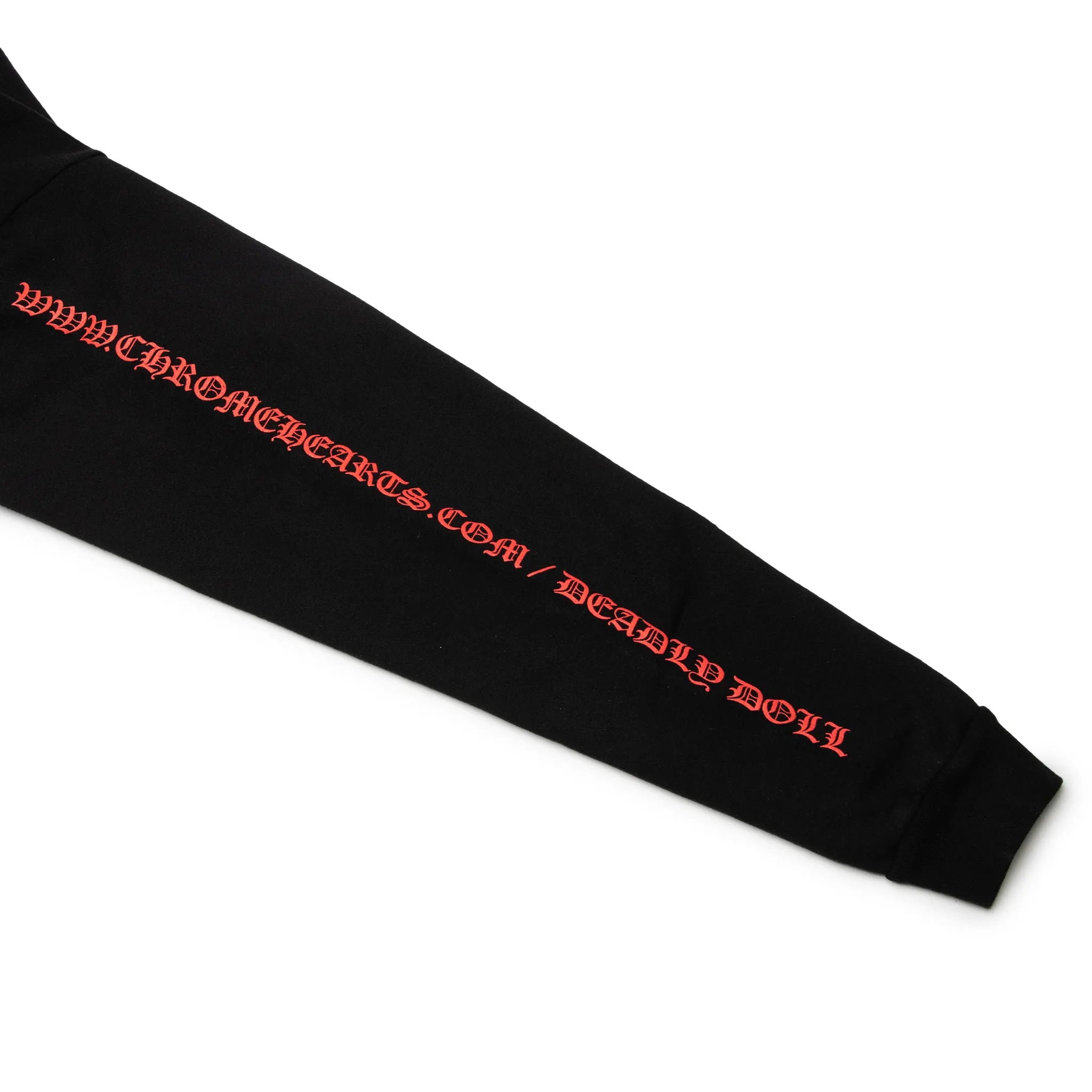 Sleeve View of Chrome Hearts Deadly Doll Online Exclusive Black Red Hoodie 1383 1FW230106XDDOEH-BLAC