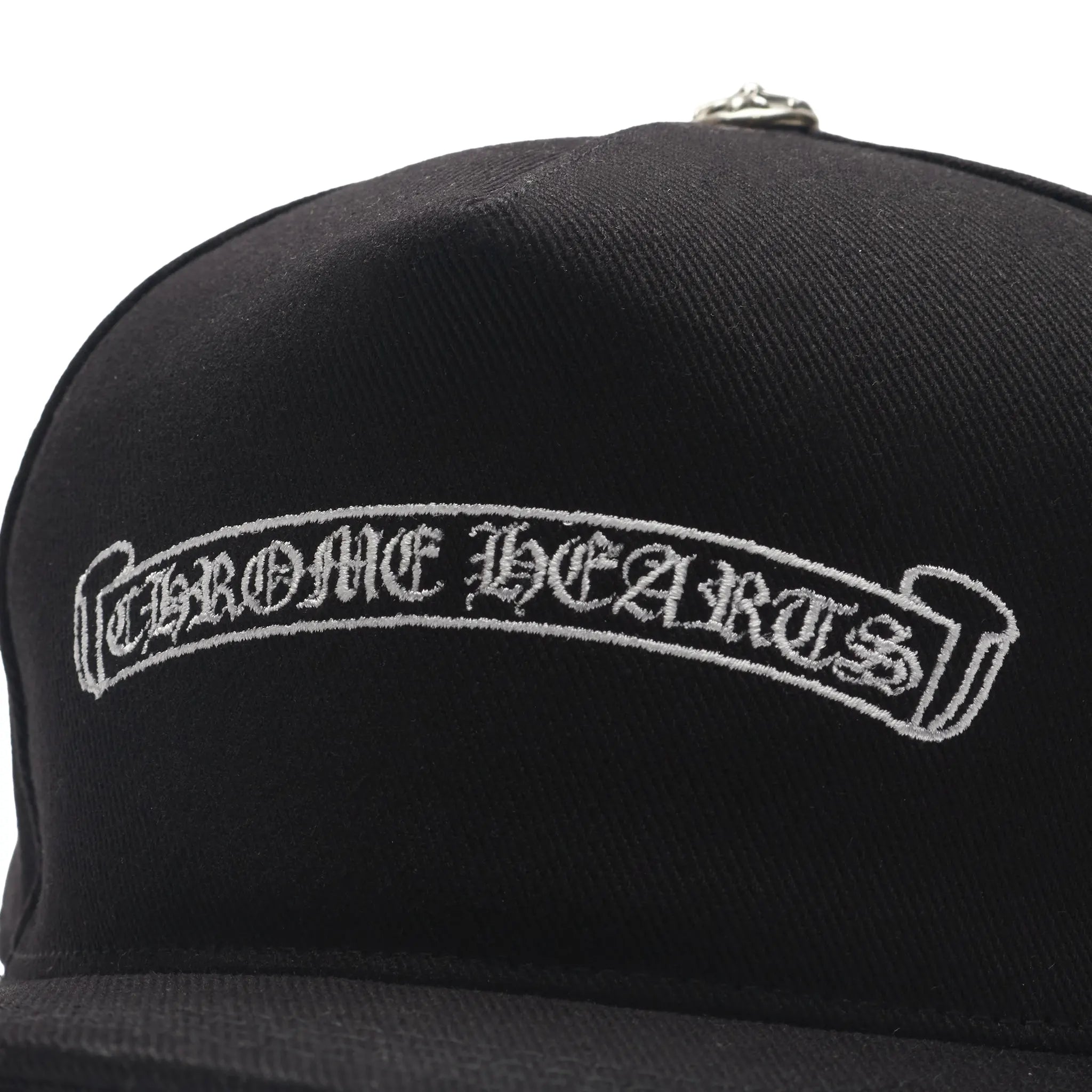 Detailed View of Chrome Hearts Embroidered Scroll Black White Baseball Cap