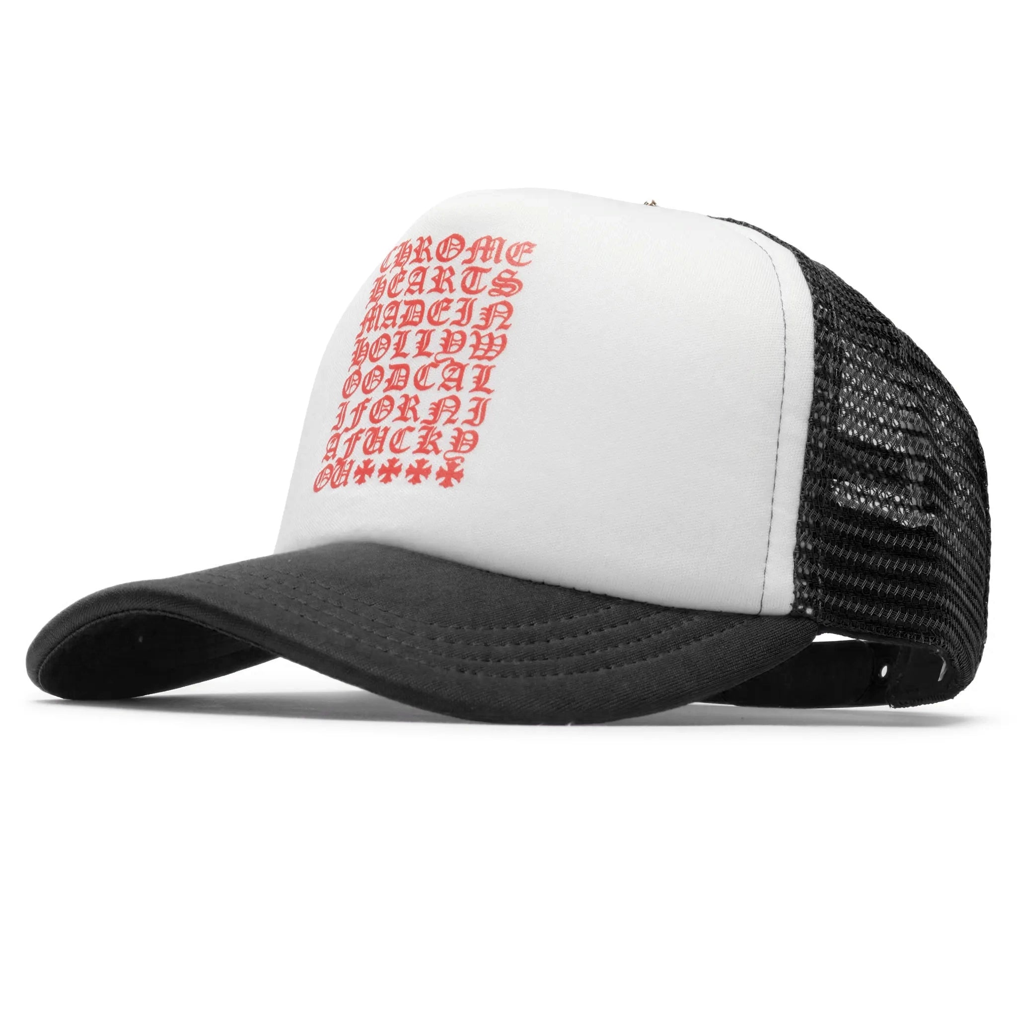 Front Side View of Chrome Hearts Eyechart Black White Red Trucker Cap n033 090794-BLACK
