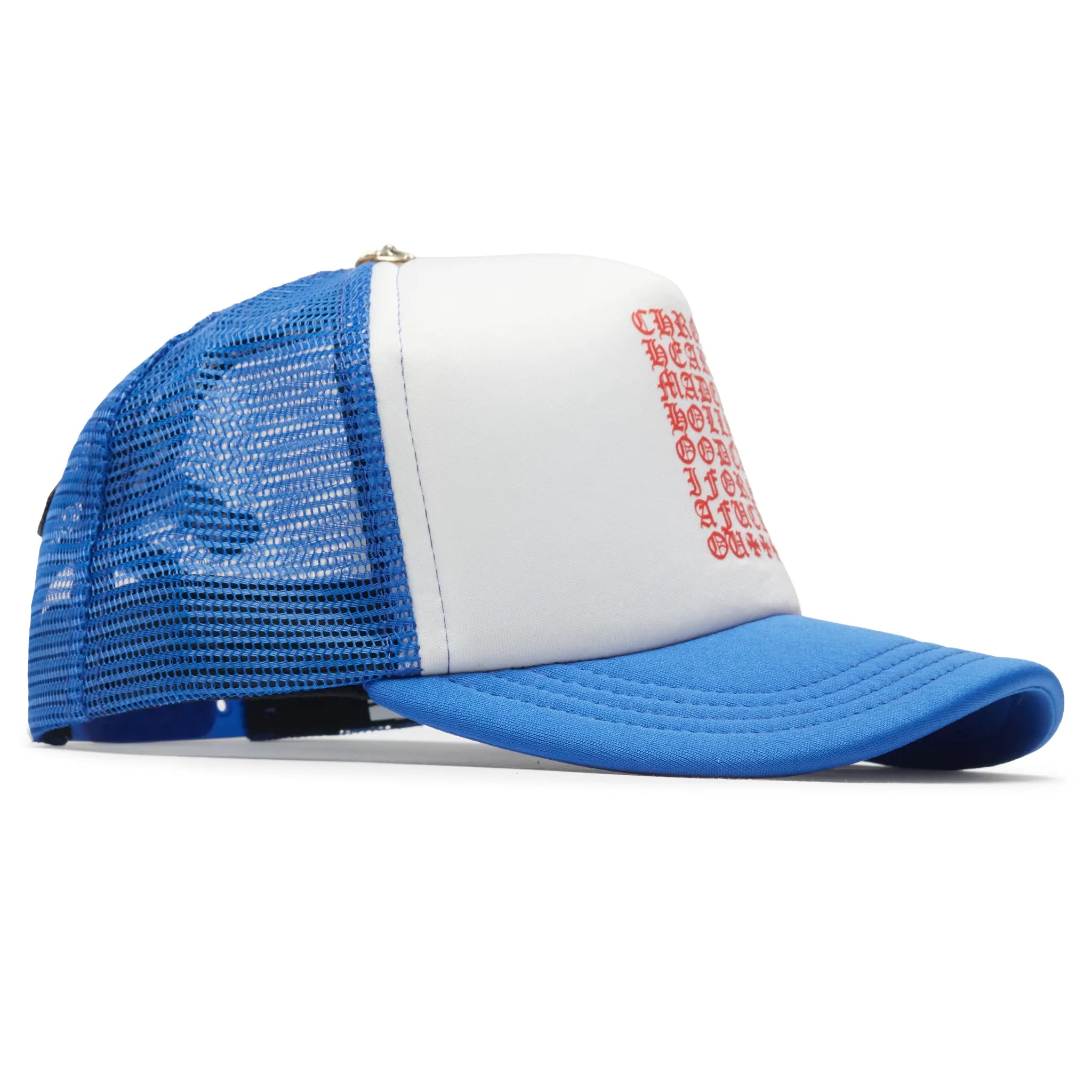 Front Side View of Chrome Hearts Eyechart Blue White Red Trucker Cap 01383 1SS2407CHETHB-BLUE