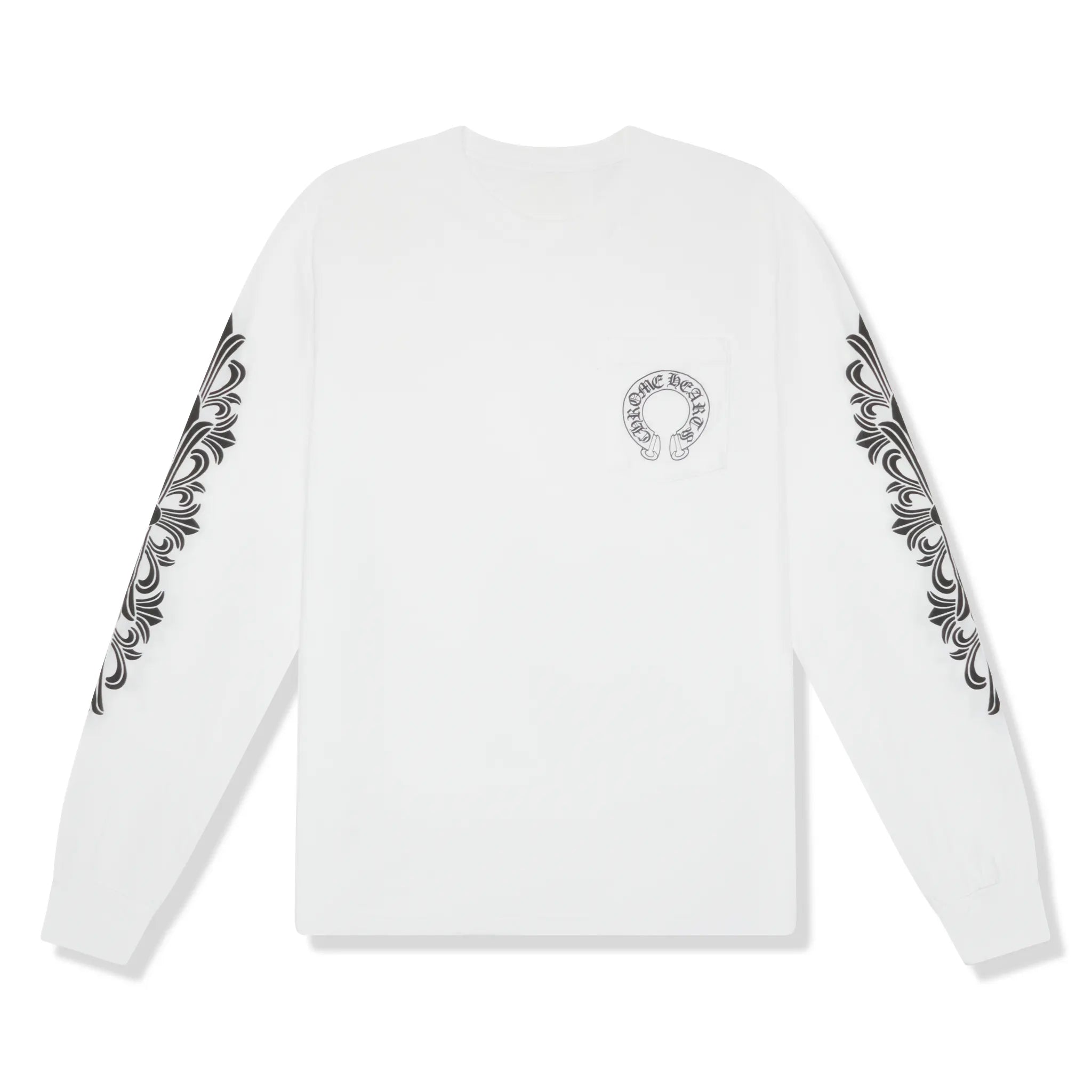 Front ViewChrome Hearts Floral Horse Shoe Pocket Logo L/S White T-Shirt
