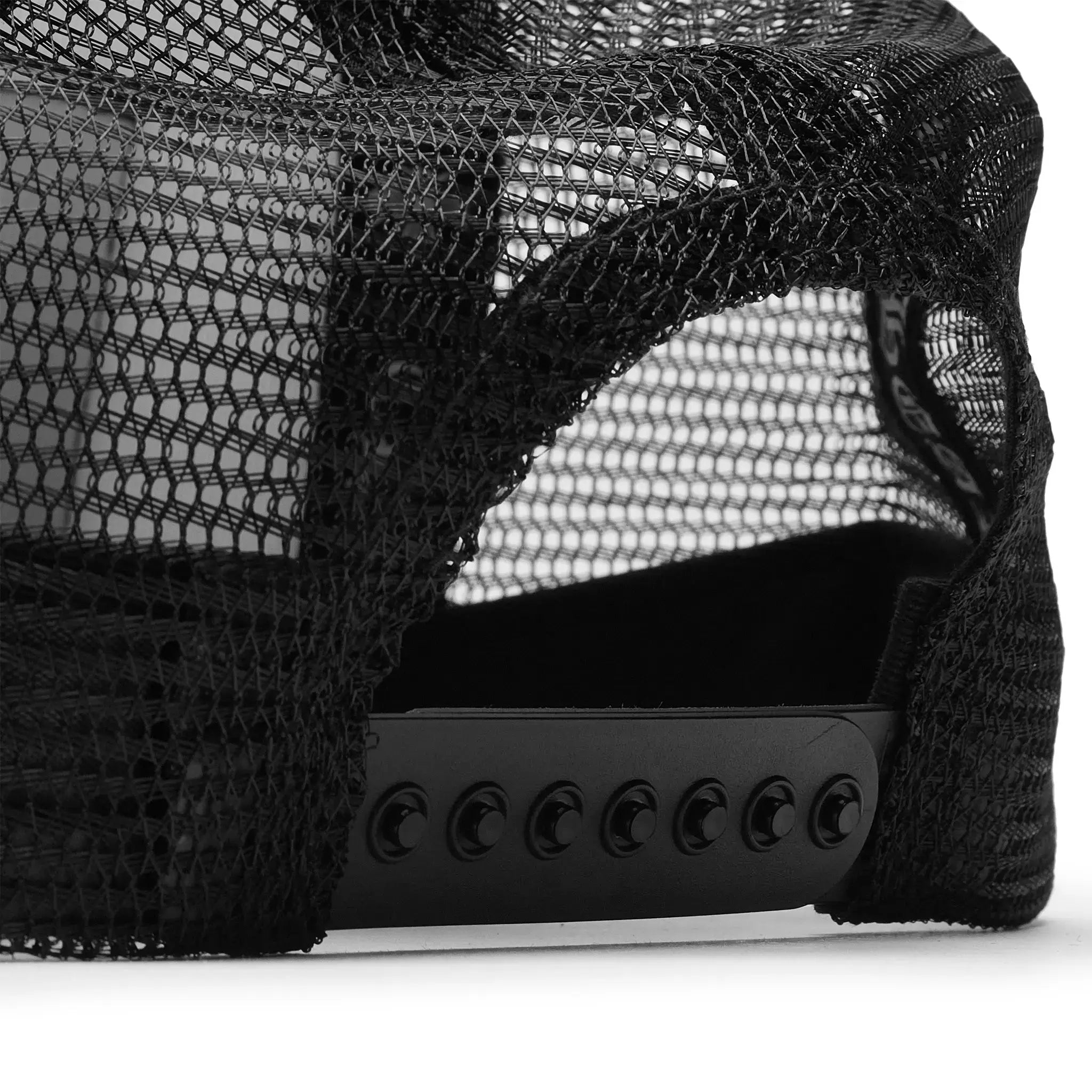 Back strap view of Chrome Hearts Fuck Hollywood White Black Trucker Cap