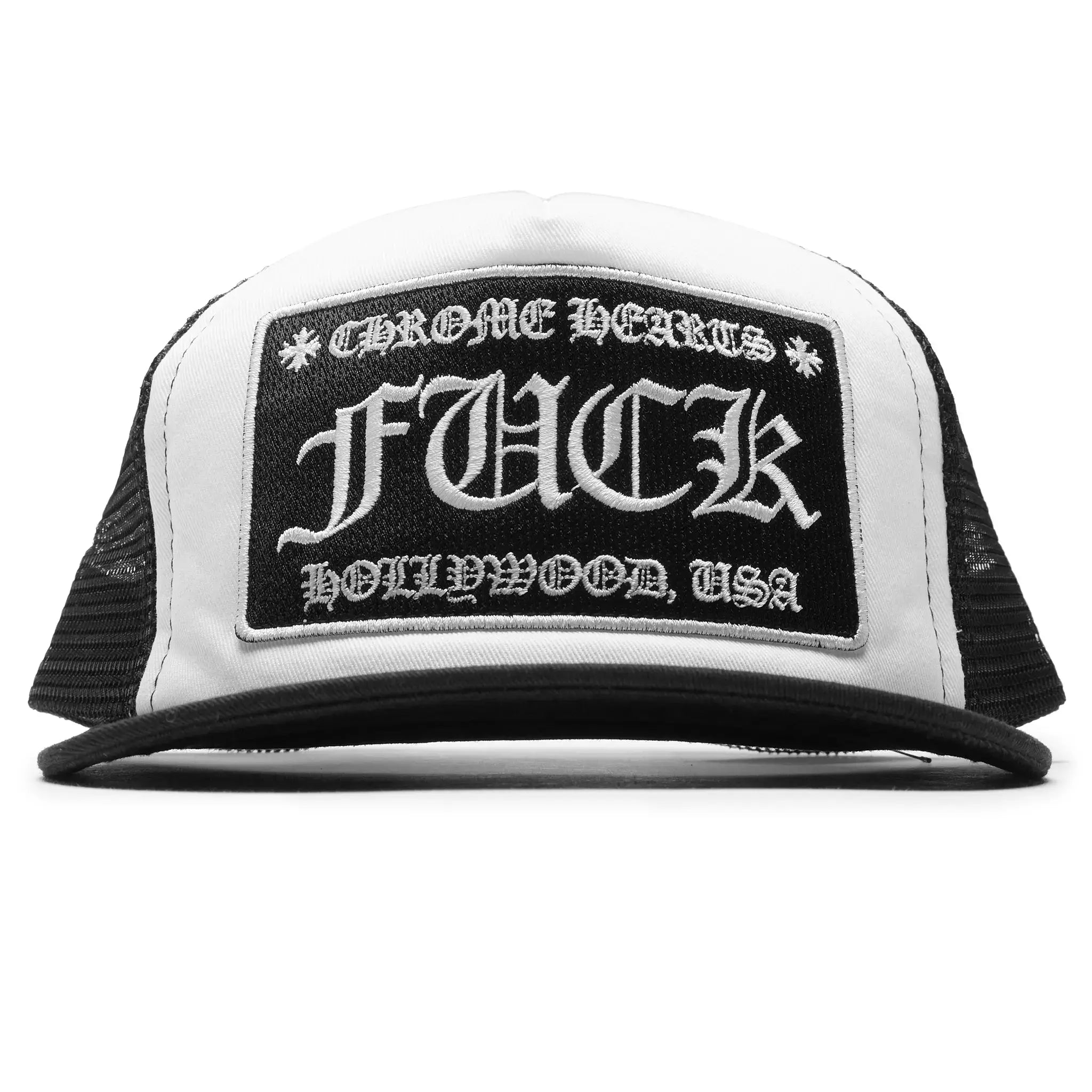 Front view of Chrome Hearts Fuck Hollywood White Black Trucker Cap