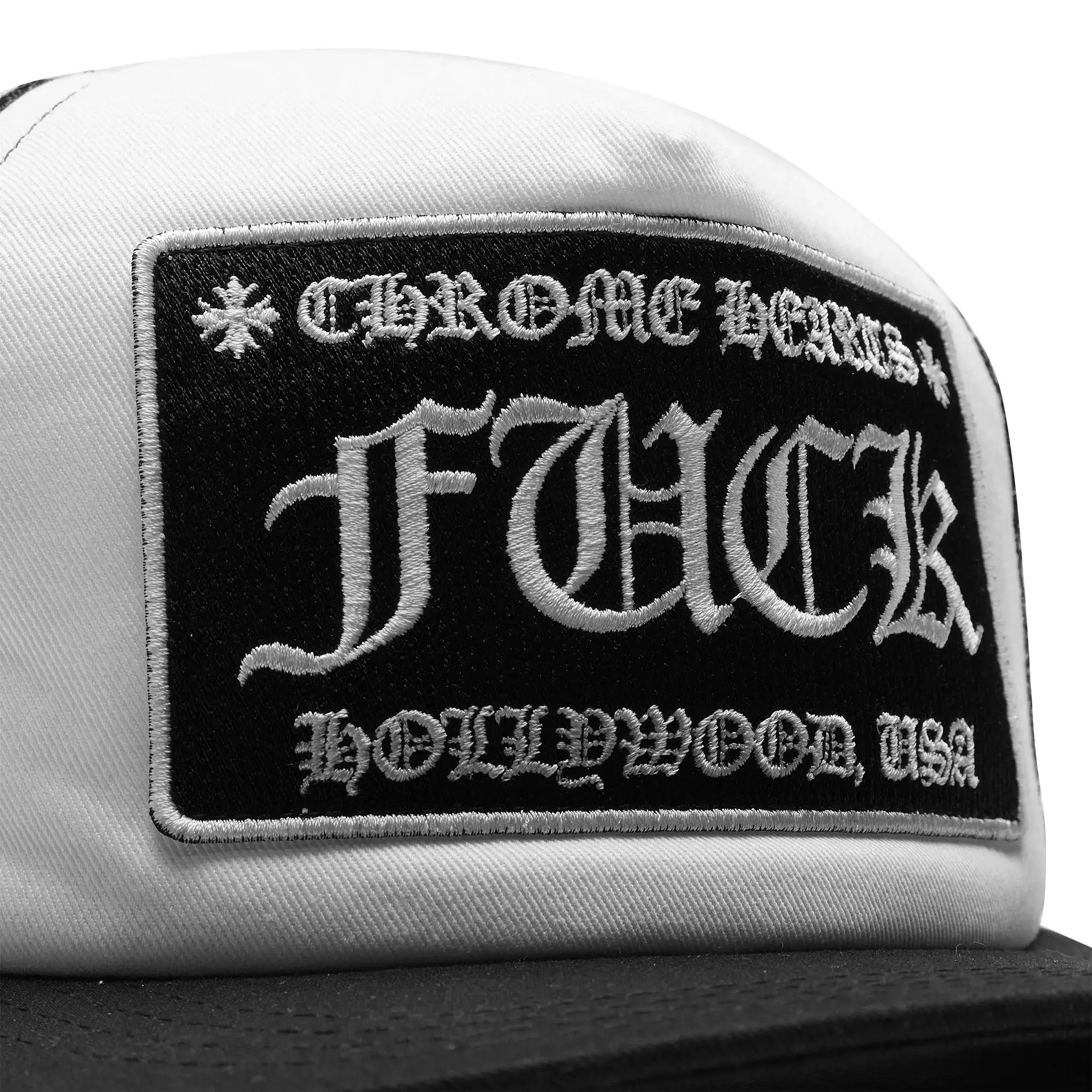 Detail view of Chrome Hearts Fuck Hollywood White Black Trucker Cap