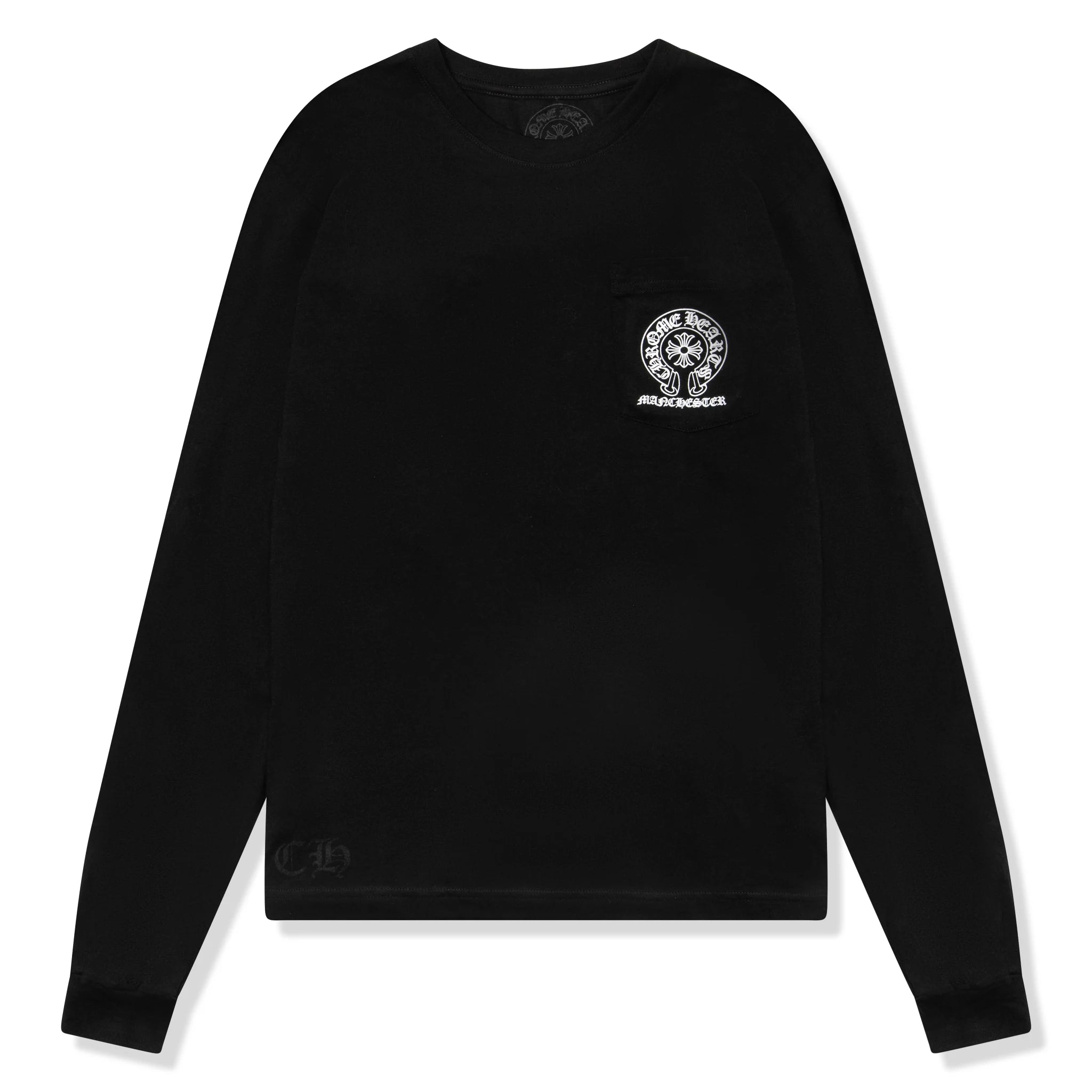 Front view of Chrome Hearts Manchester Exclusive Horse Shoe Pocket Logo L/S Black T Shirt