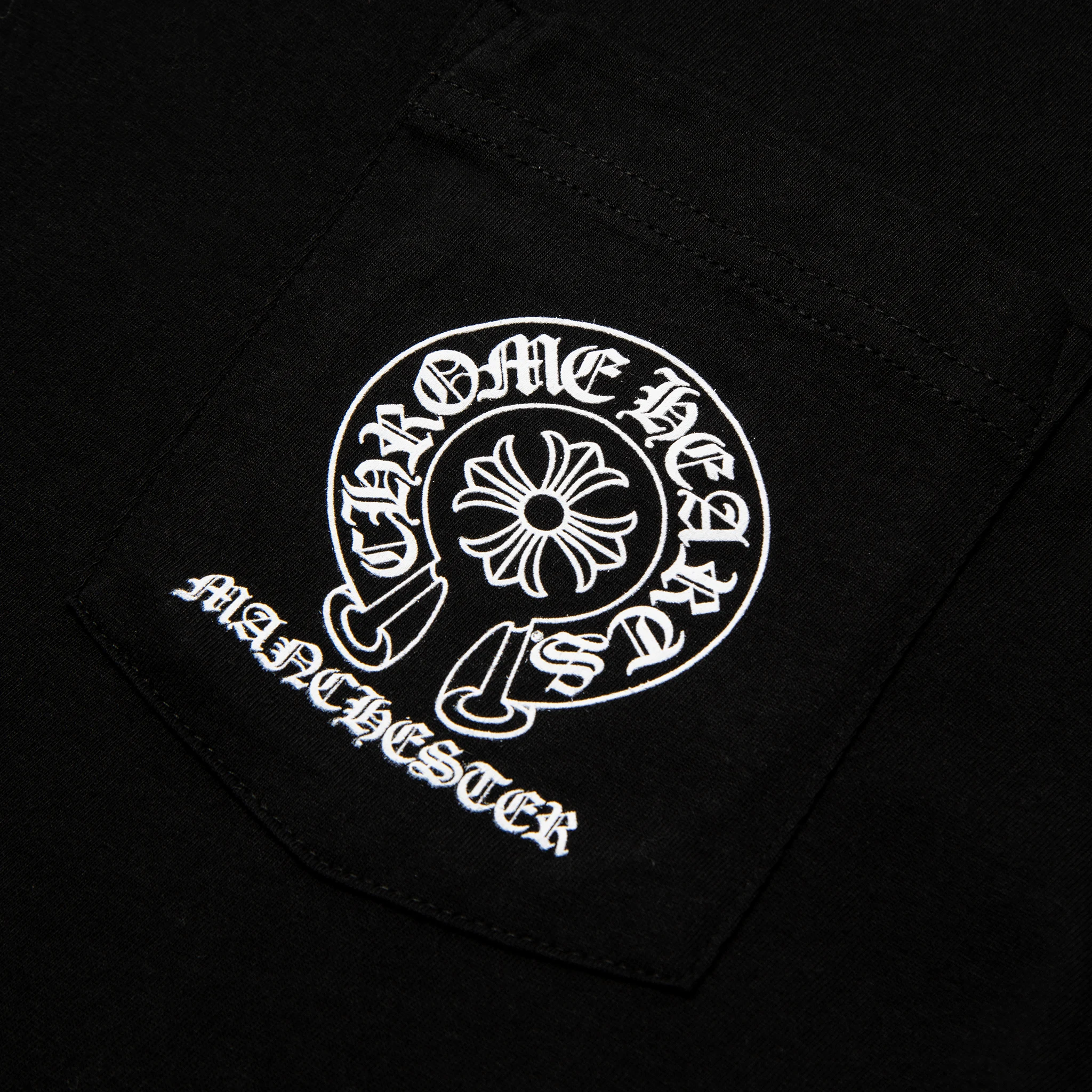Logo view of Chrome Hearts Manchester Exclusive Horse Shoe Pocket Logo L/S Black T Shirt