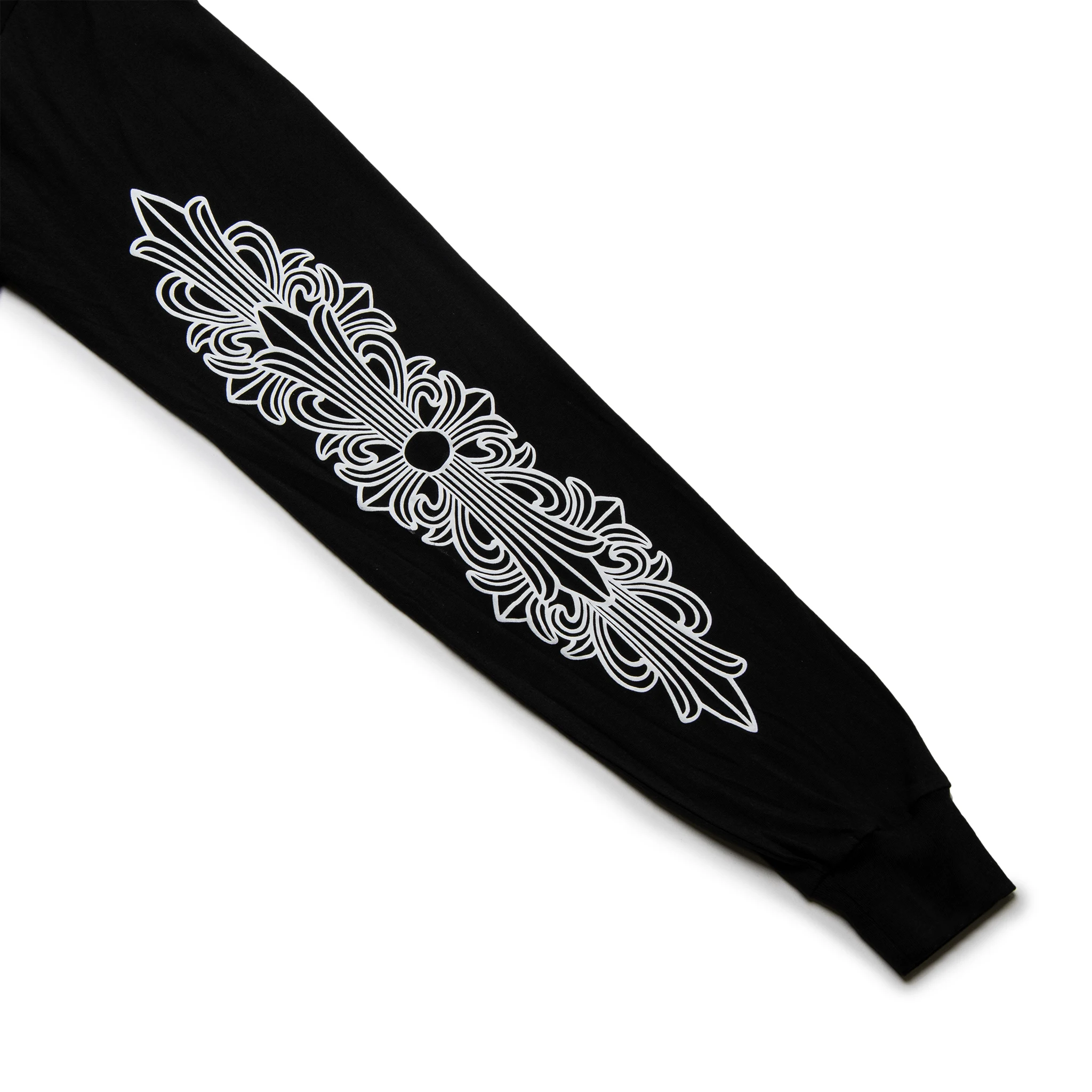 Sleeve view of Chrome Hearts Manchester Exclusive Horse Shoe Pocket Logo L/S Black T Shirt