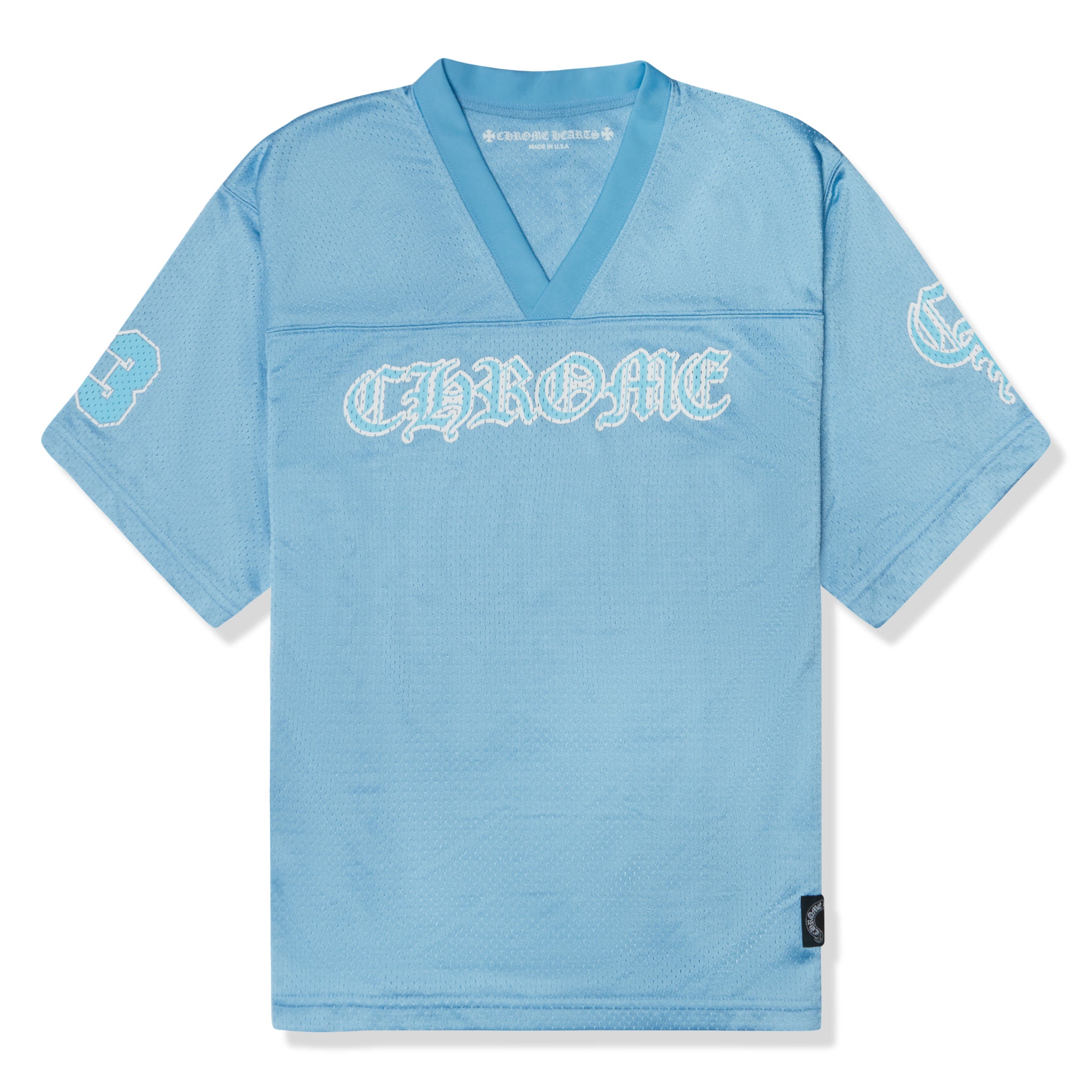 Front view of Chrome Hearts Mesh Short Sleeve Blue Jersey