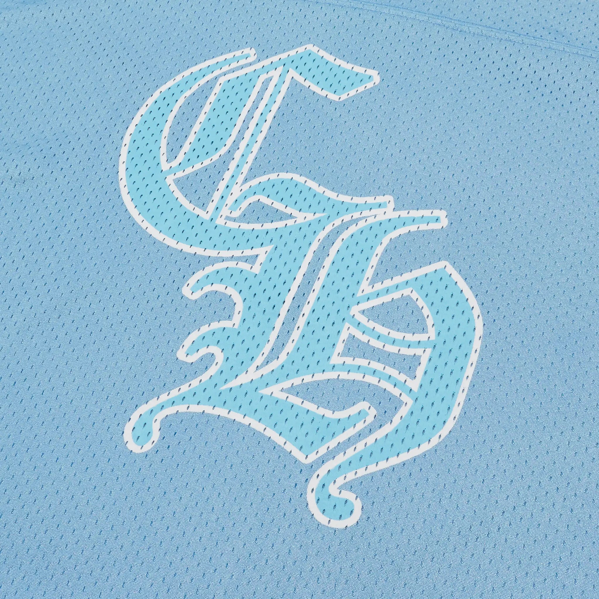 Sleeve view of Chrome Hearts Mesh Short Sleeve Blue Jersey