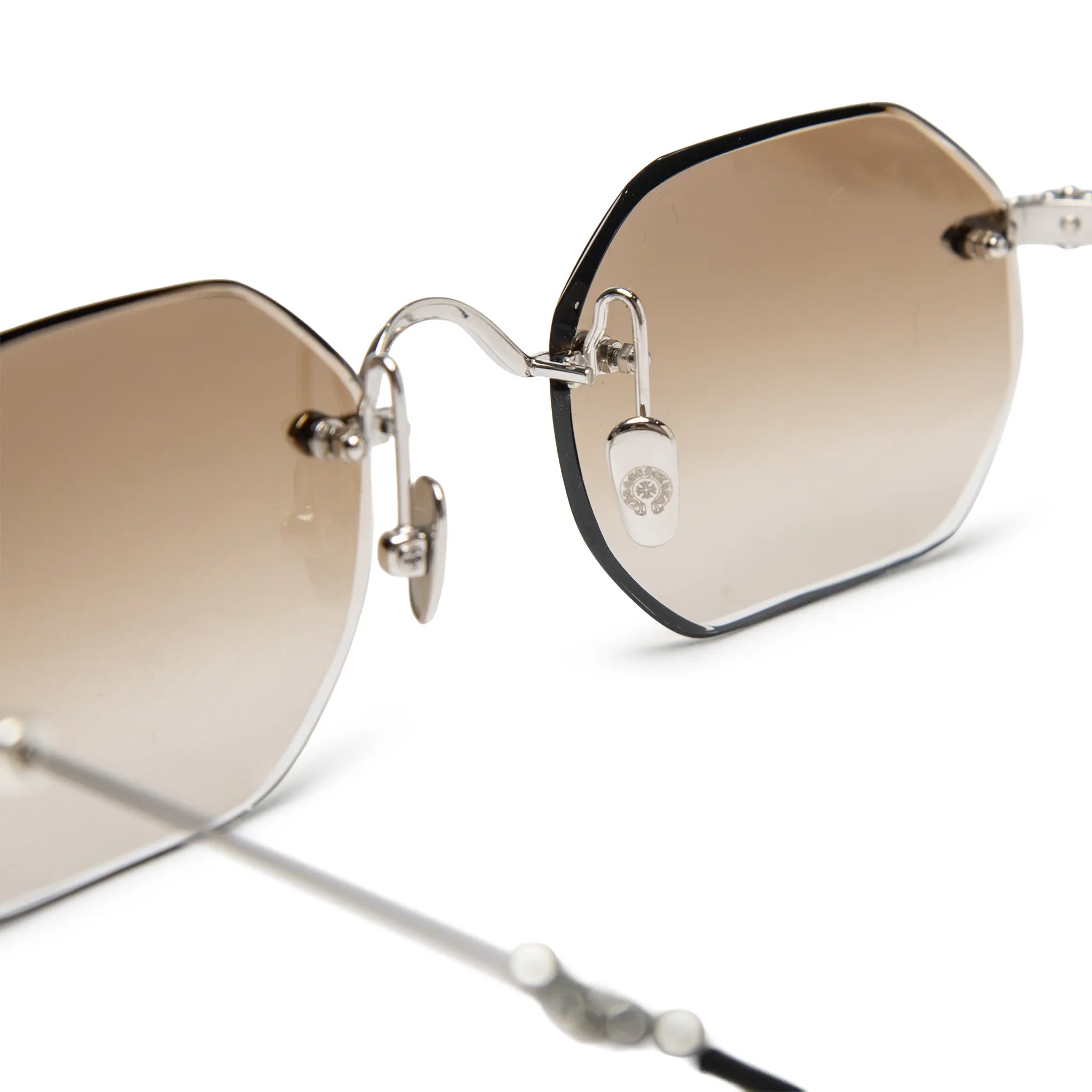 Detailed Inside View of Chrome Hearts Pills III Custom Silver Brown Diamond Cut Sunglasses