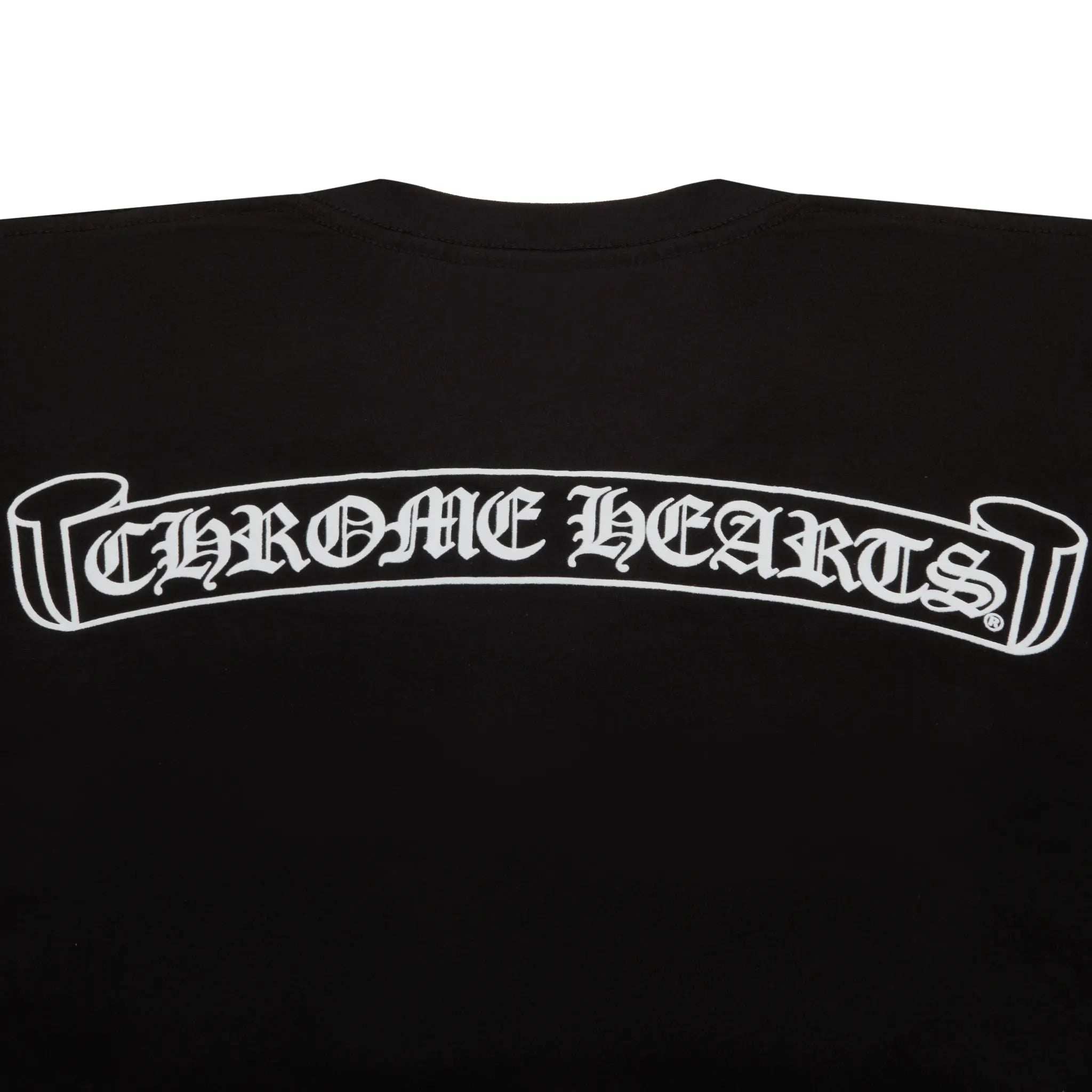Detailed Back View of Chrome Hearts Scroll Logo Black T-Shirt
