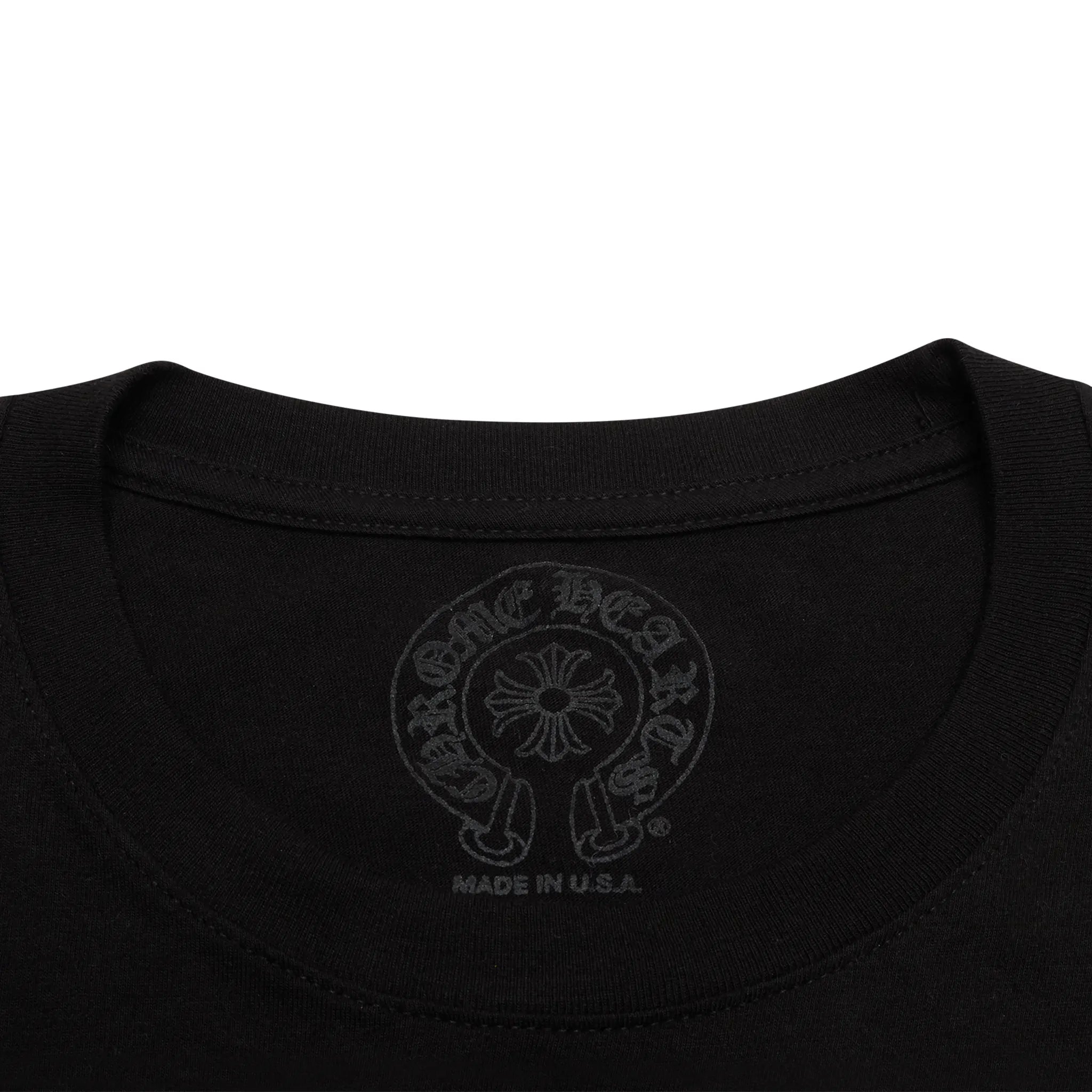 Neck View of Chrome Hearts Scroll Logo L/S Black T Shirt