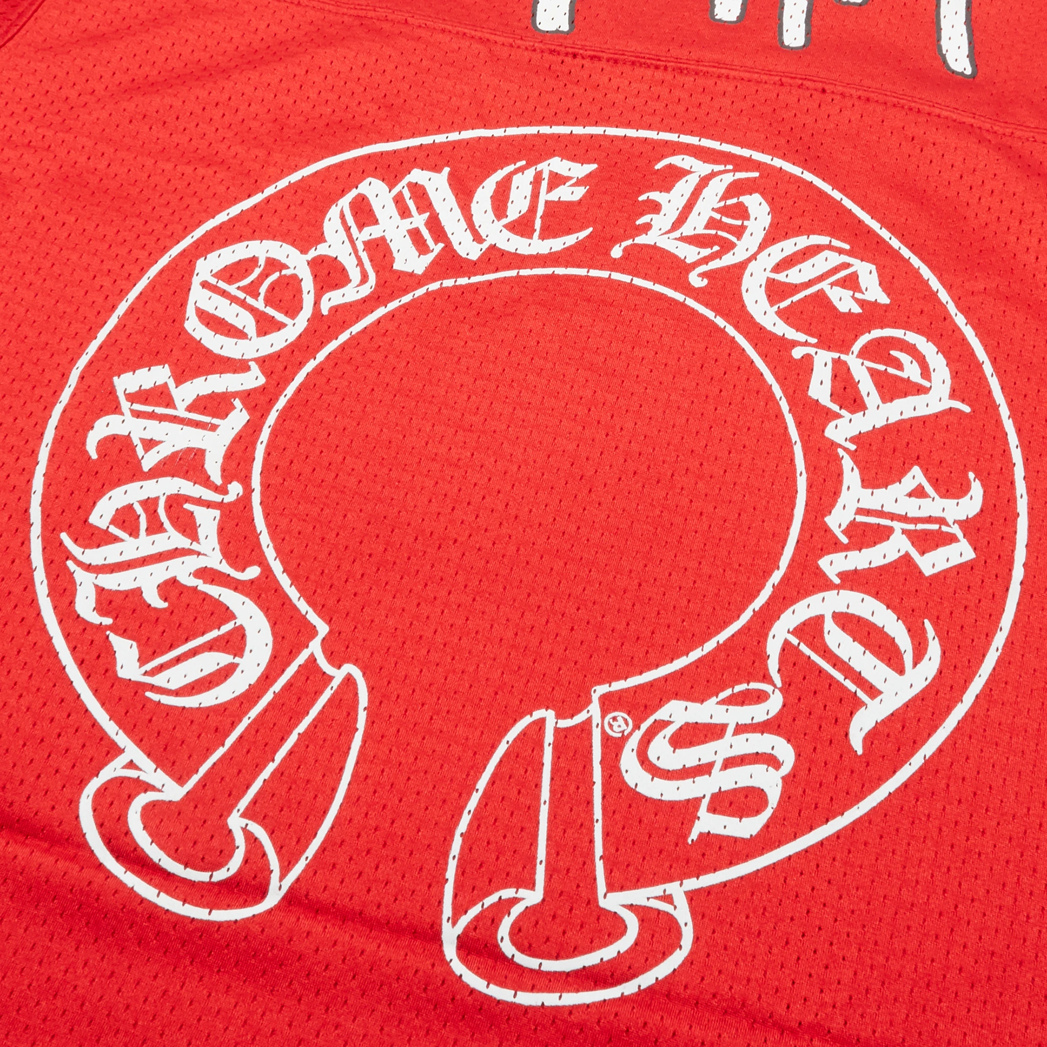 Detail view of Chrome Hearts Stadium Mesh Red Football Jersey