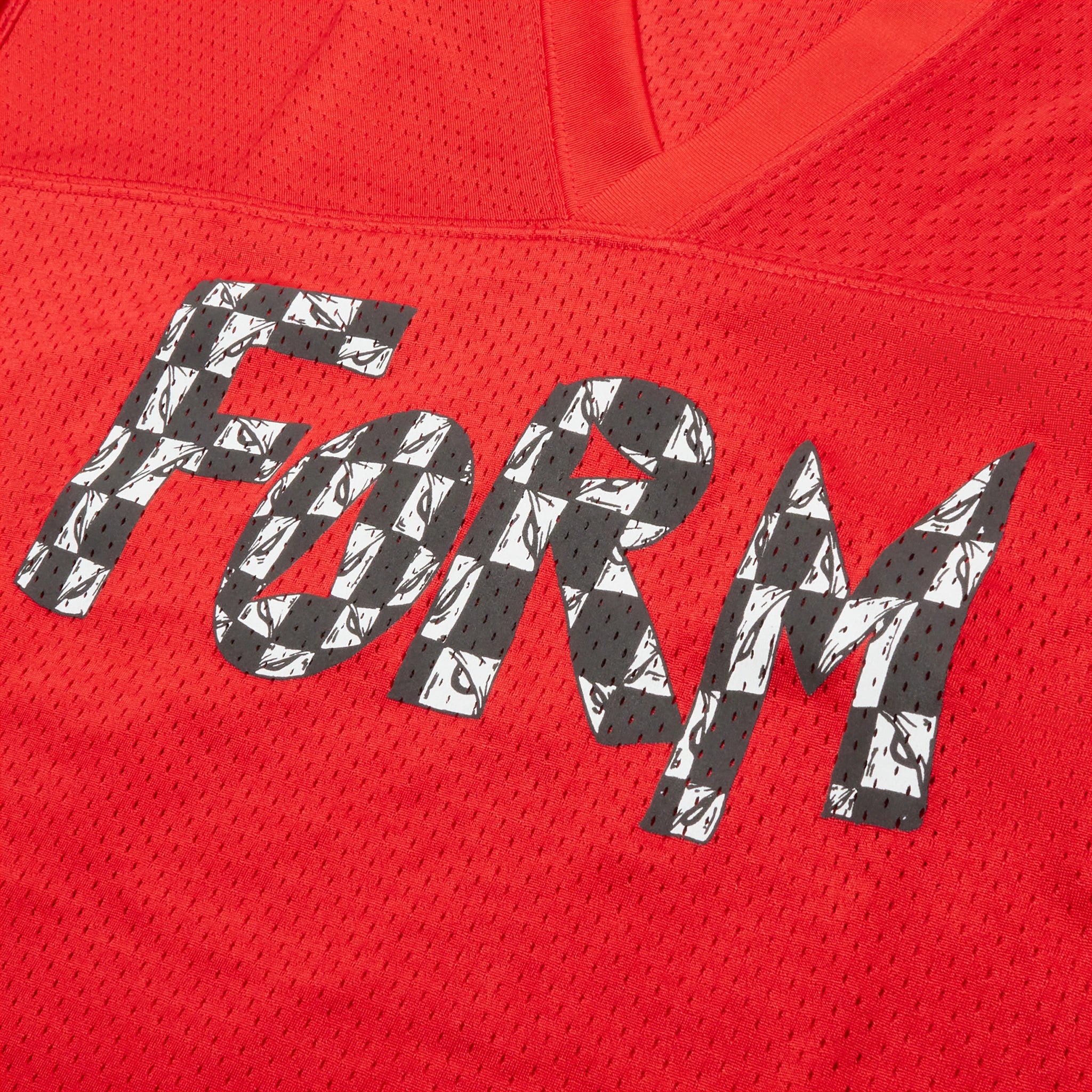 Front logo view of Chrome Hearts Stadium Mesh Red Football Jersey