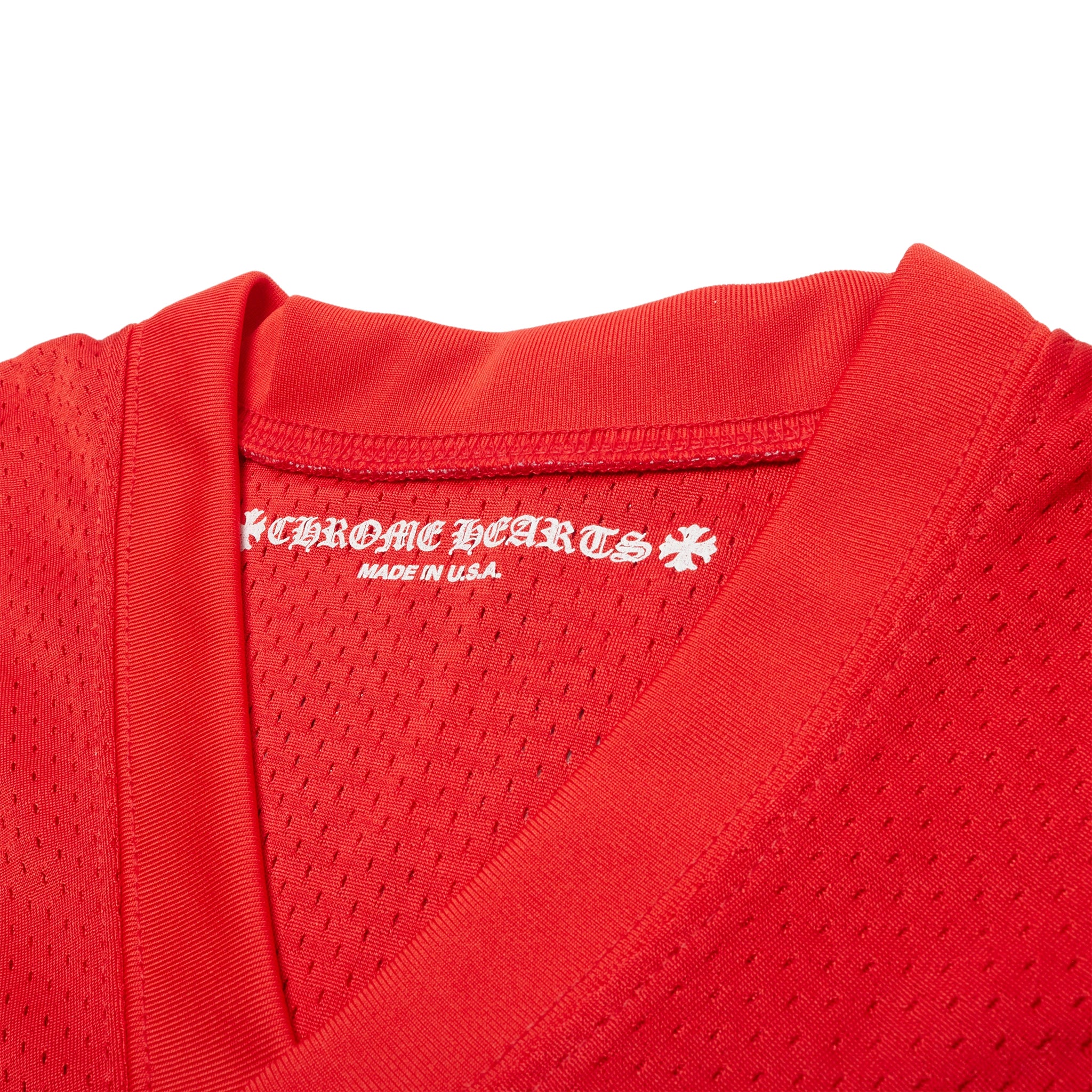 Neck view of Chrome Hearts Stadium Mesh Red Football Jersey