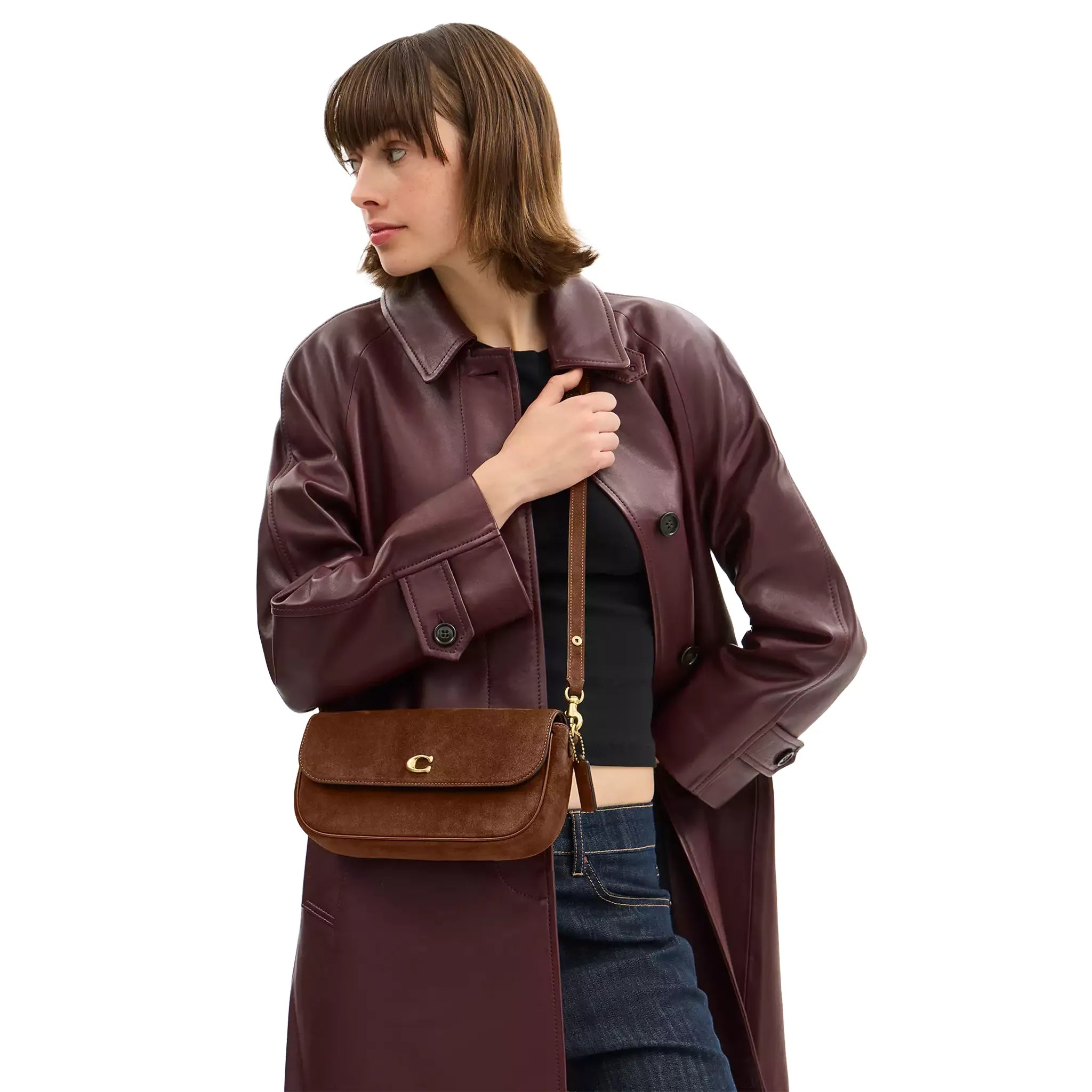 Model Full Front View of Coach Brook Flap Chain Warm Brown Bag