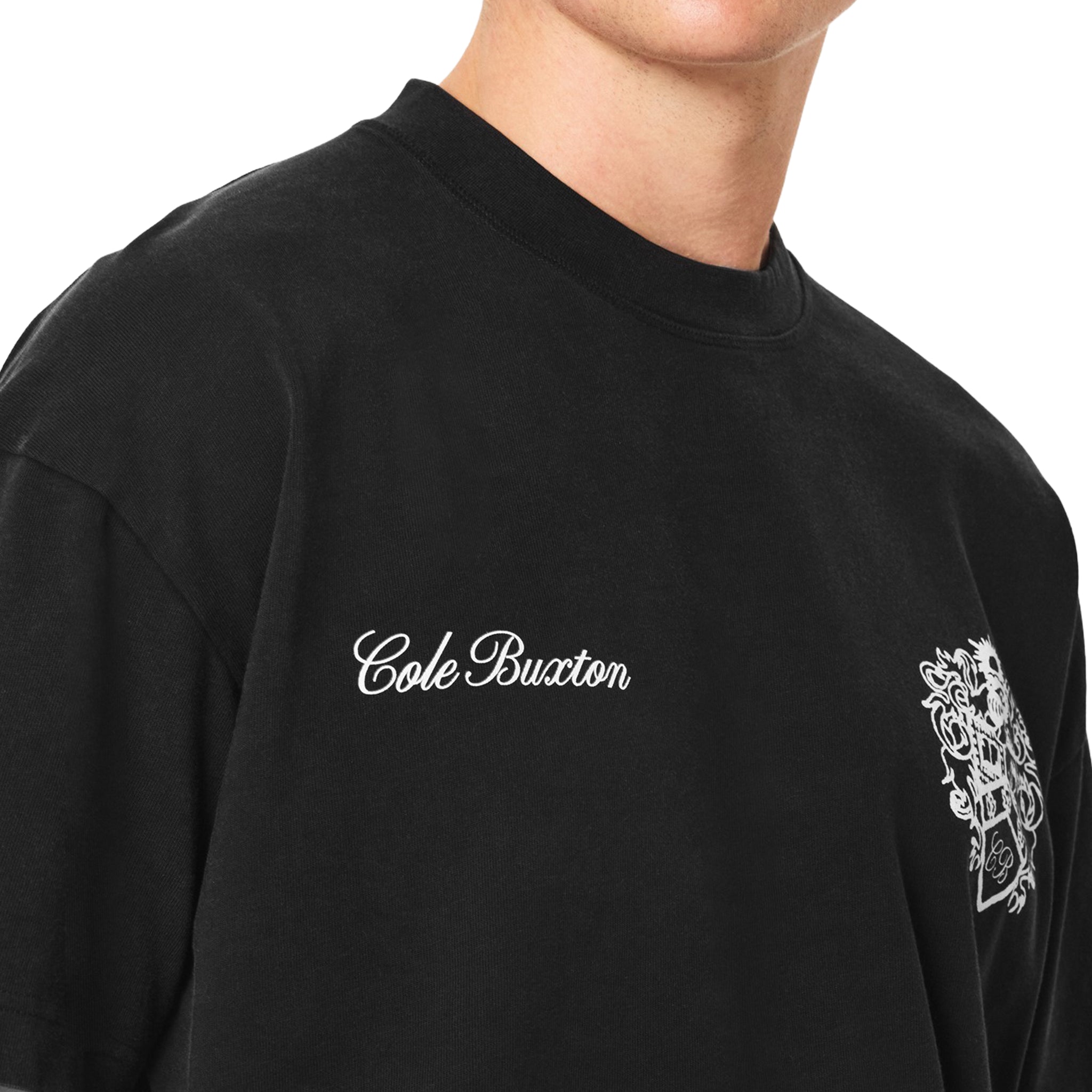 Model chest view of Cole Buxton Collegiate Black T Shirt