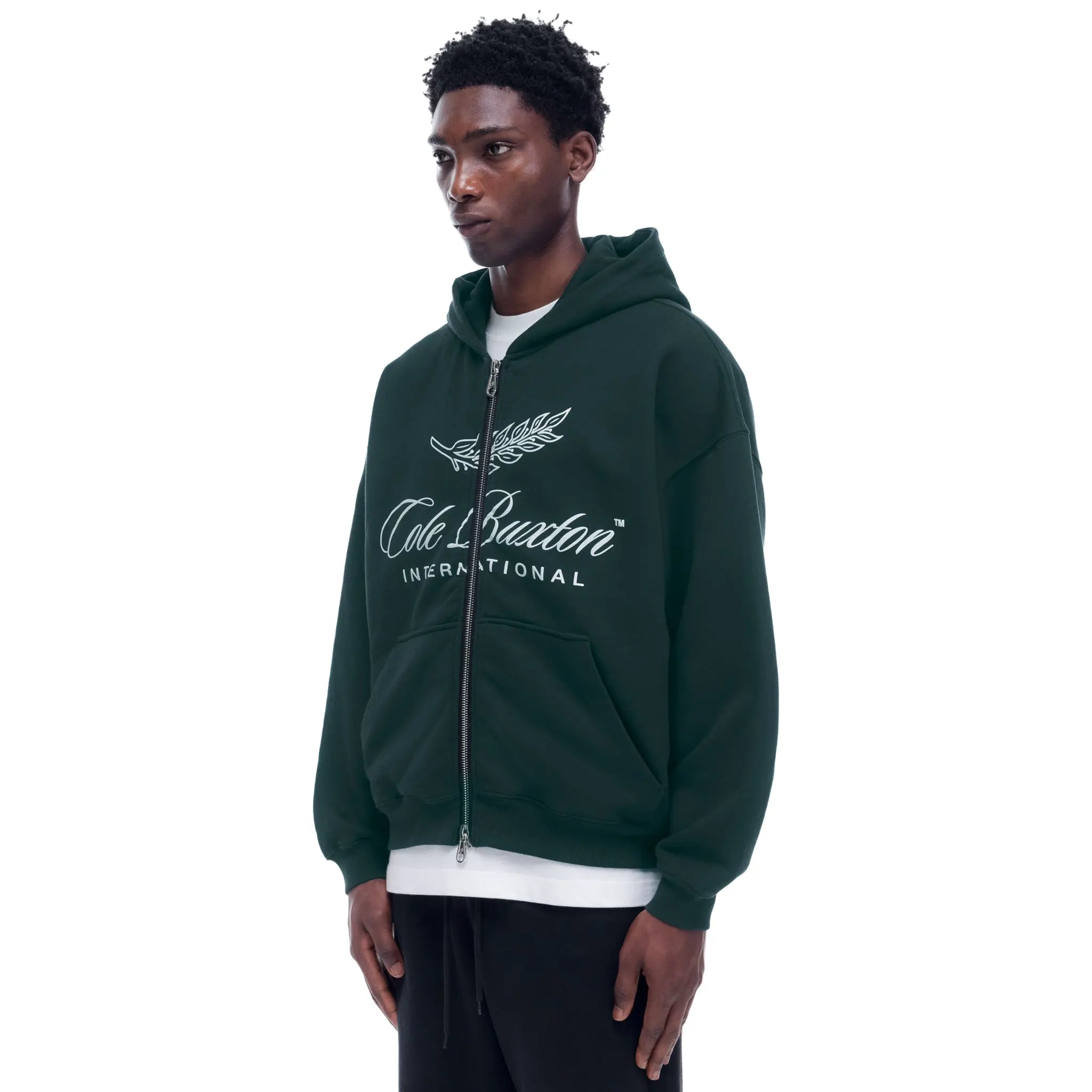 Model Front Side View of Cole Buxton International Forest Green Zip Up Hoodie