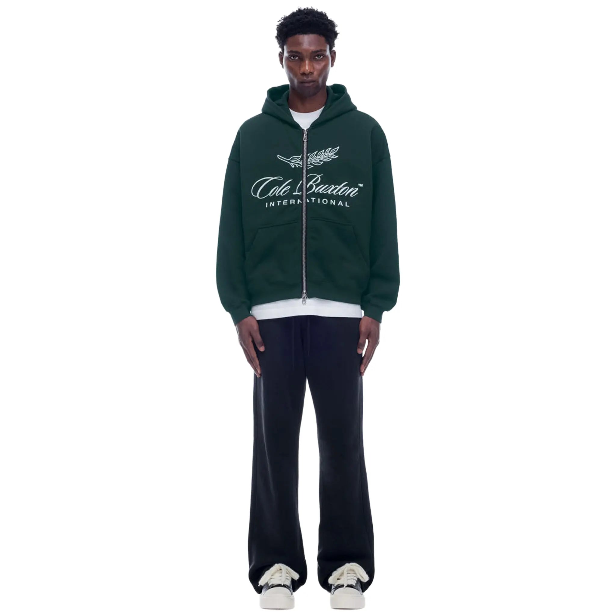 Full Model View of Cole Buxton International Forest Green Zip Up Hoodie