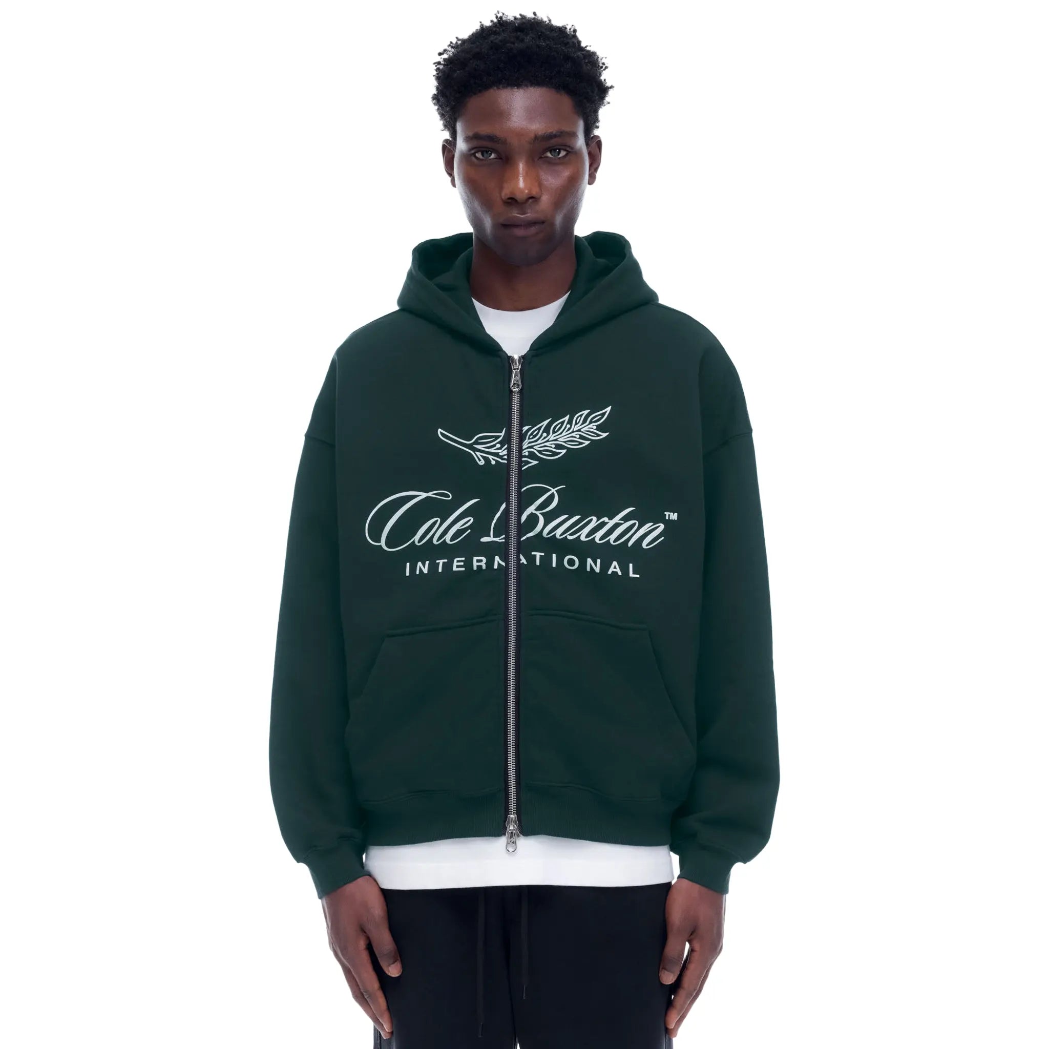 Model Front View of Cole Buxton International Forest Green Zip Up Hoodie
