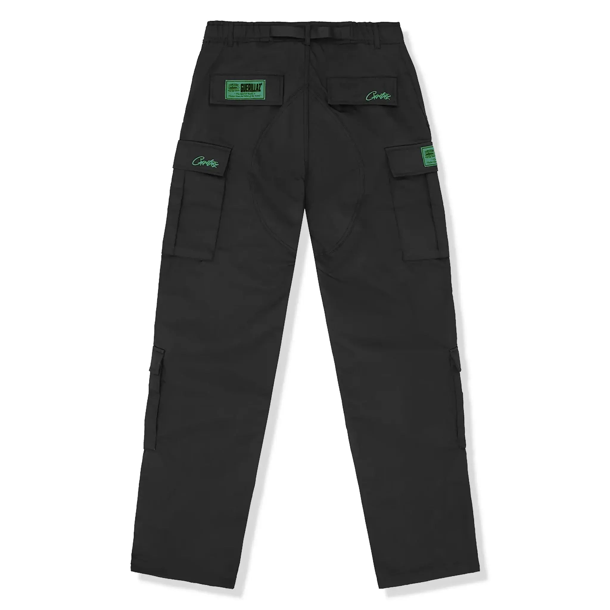 Back view of Corteiz Mula Guerillaz Black Green Cargo Pants