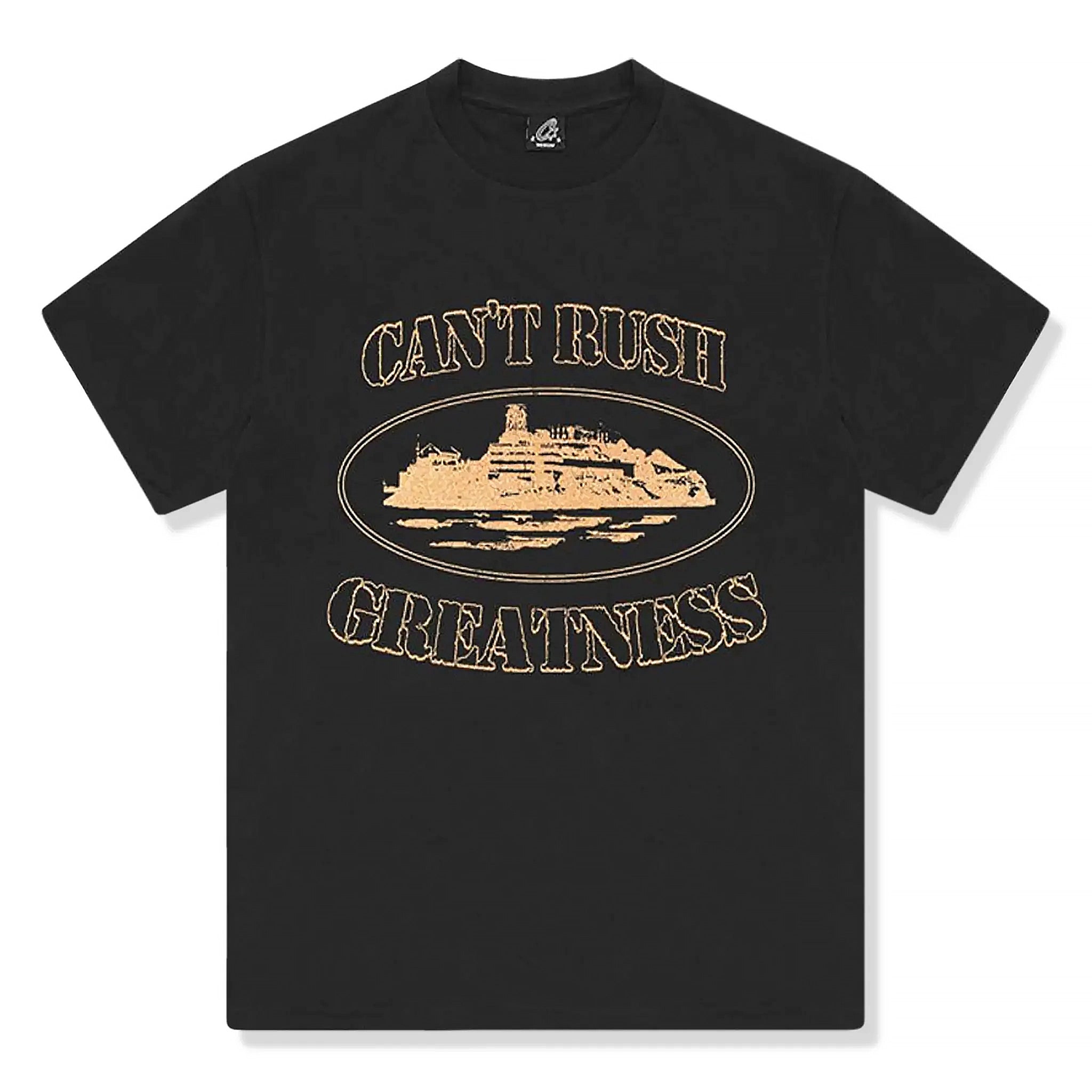 Front view of Corteiz x Central Cee Can't Rush Greatness Black T Shirt