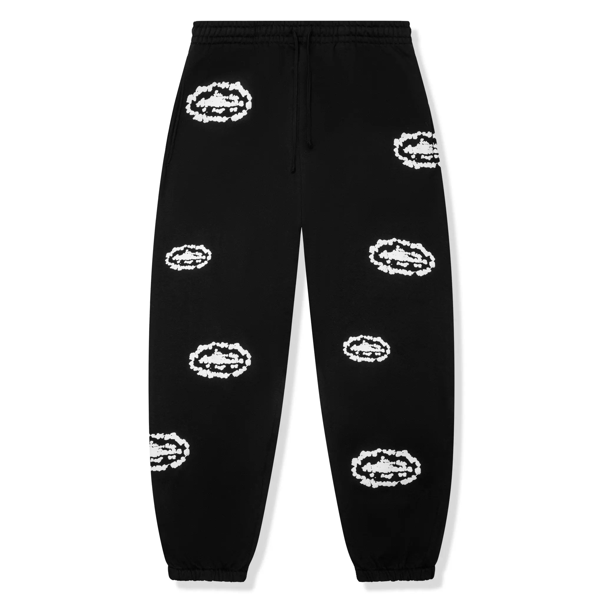 Front View of Corteiz x Denim Tears Island Wreath Black Sweatpants