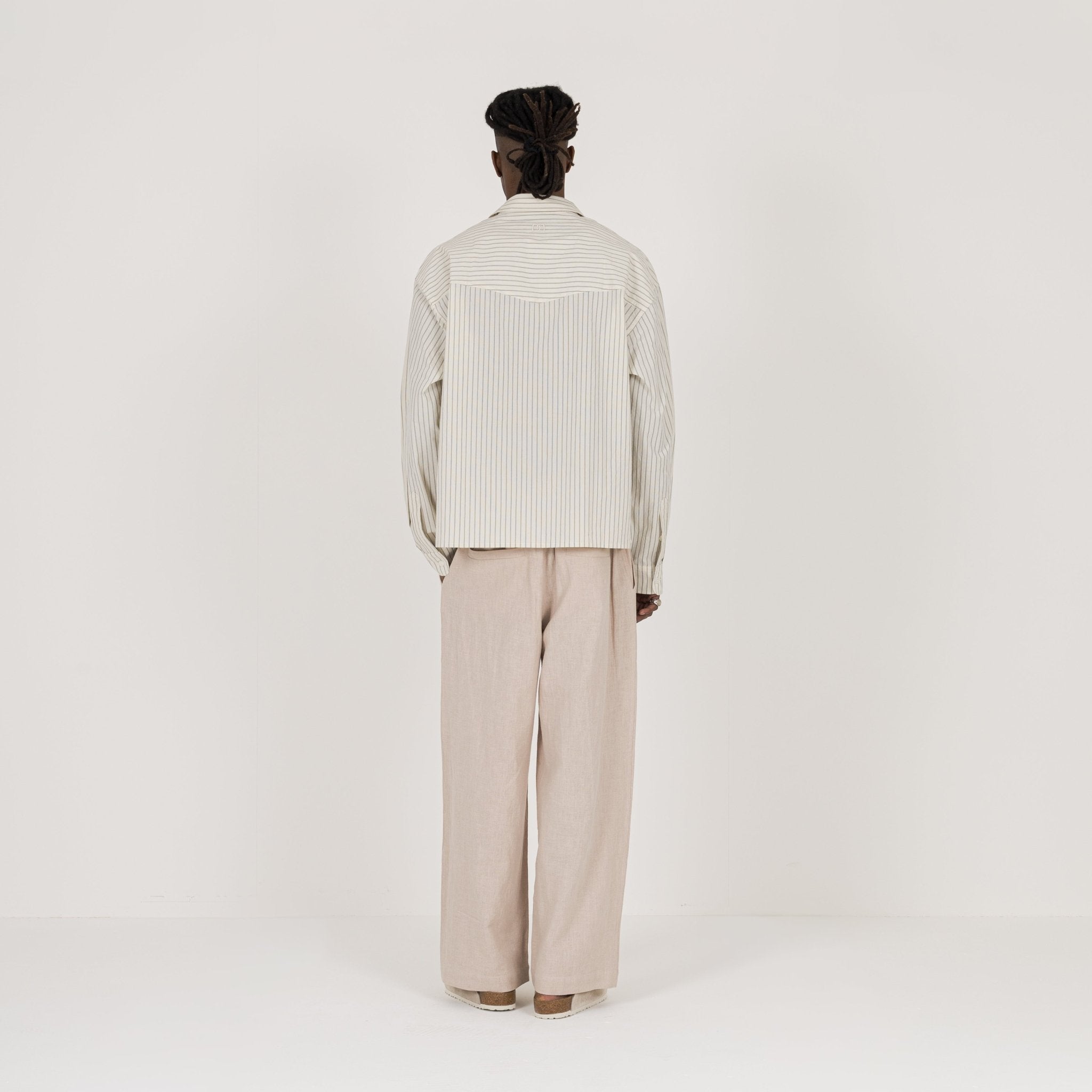 Model Back view of Destructive Cropped L/S Bone Pinstripe Shirt