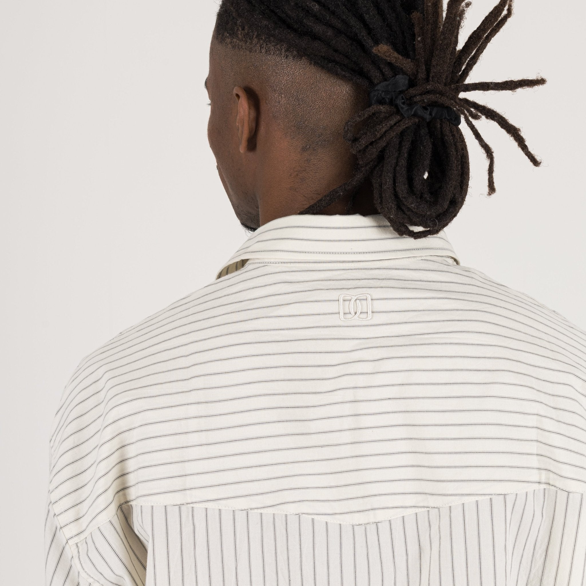 Detail view of Destructive Cropped L/S Bone Pinstripe Shirt