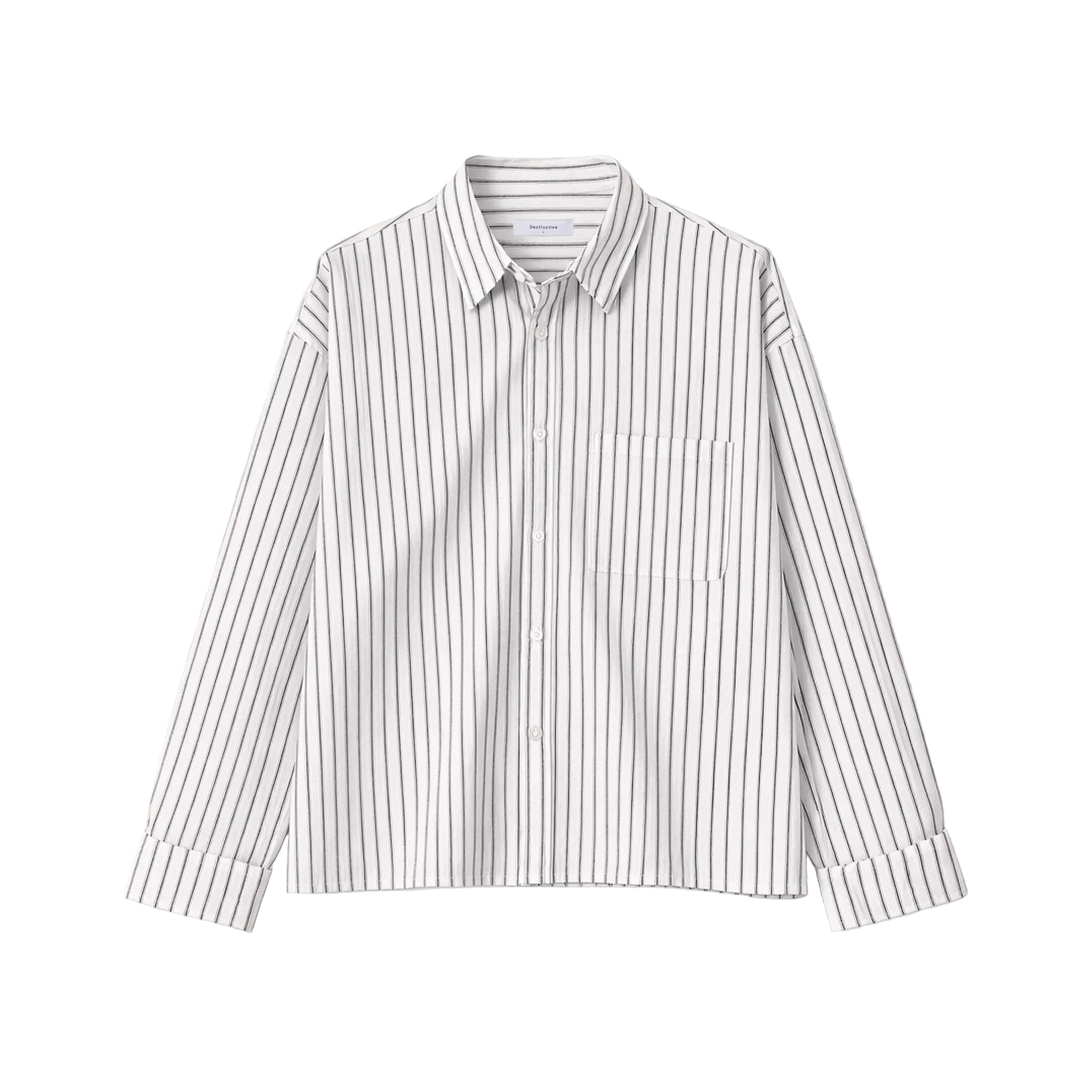 Front view of Destructive Cropped L/S White Pinstripe Shirt