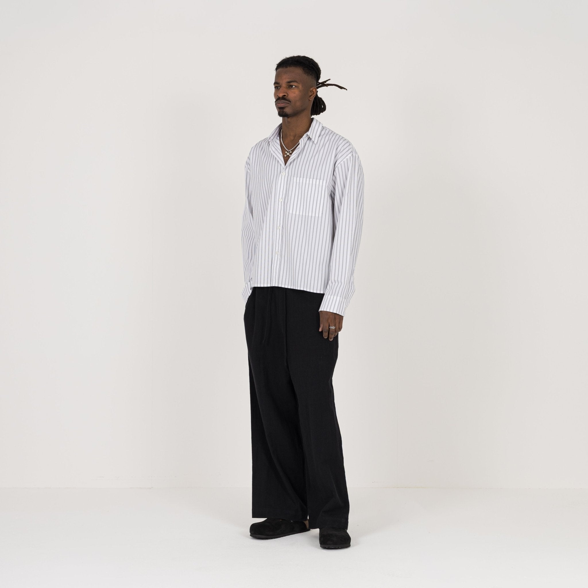 Model view of Destructive Cropped L/S White Pinstripe Shirt