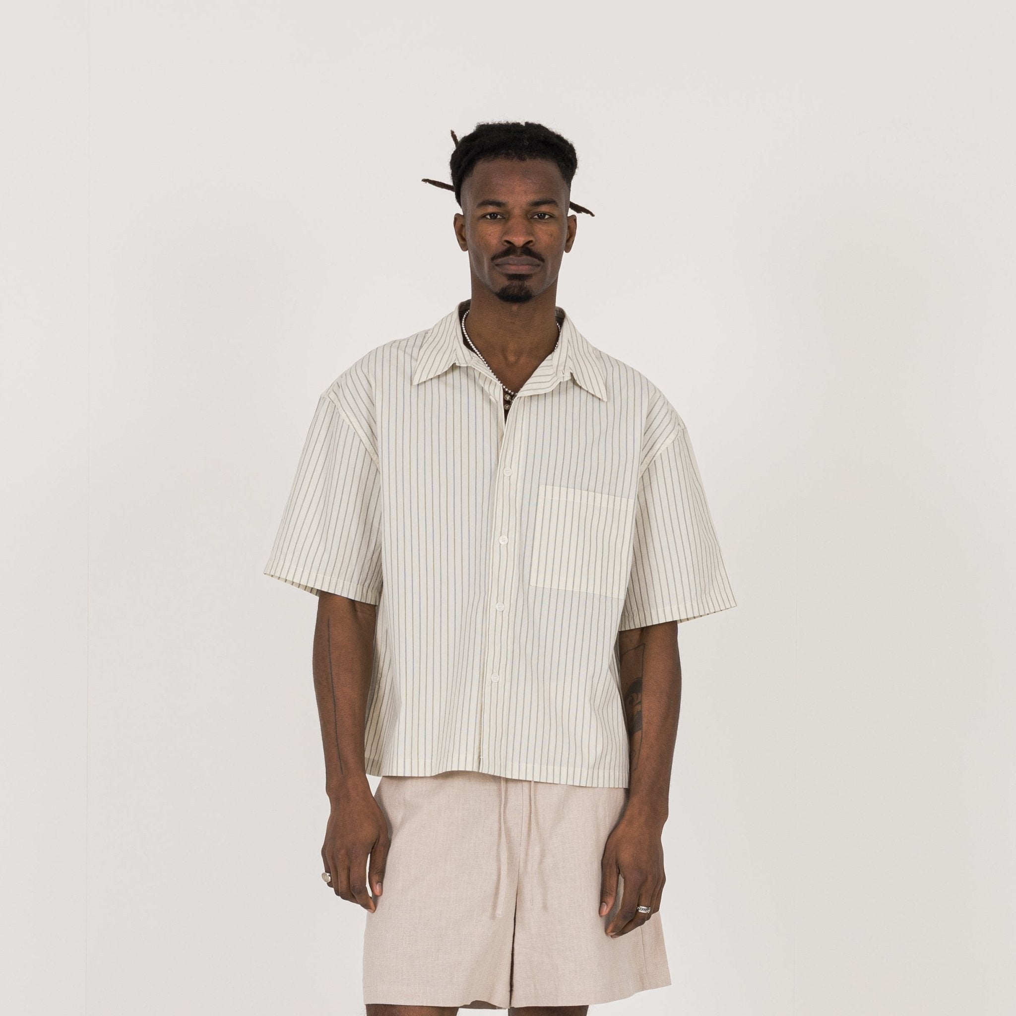 Model view of Destructive Cropped Bone Pinstripe Shirt