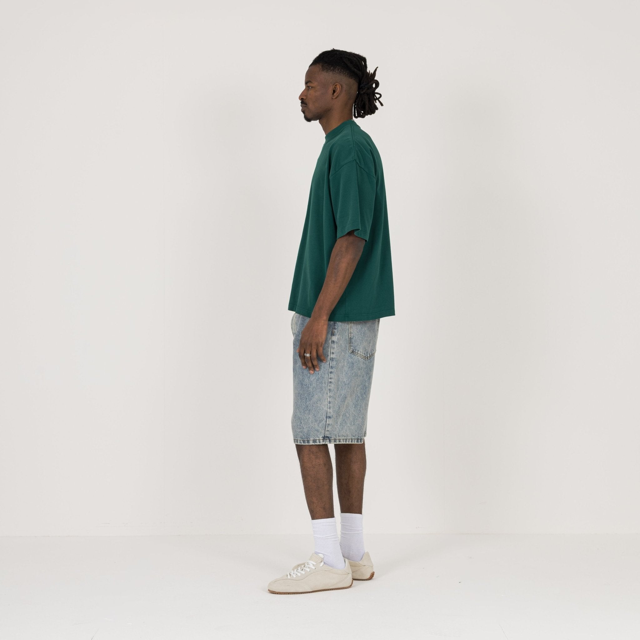 Model Side view of Destructive Cropped Evergreen T-Shirt