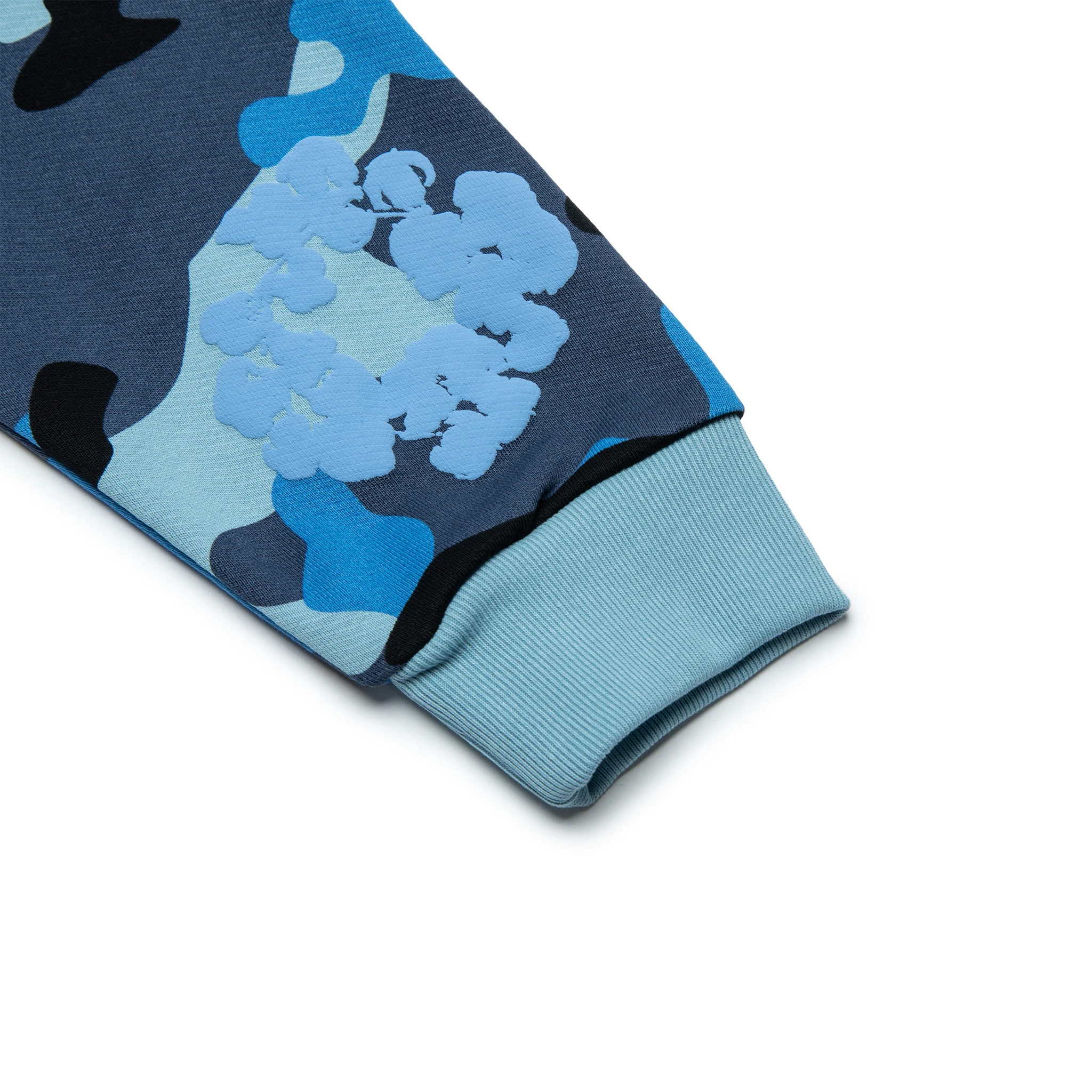 Sleeve view of Denim Tears Blue Camo Cotton Wreath Zip-Up Hoodie