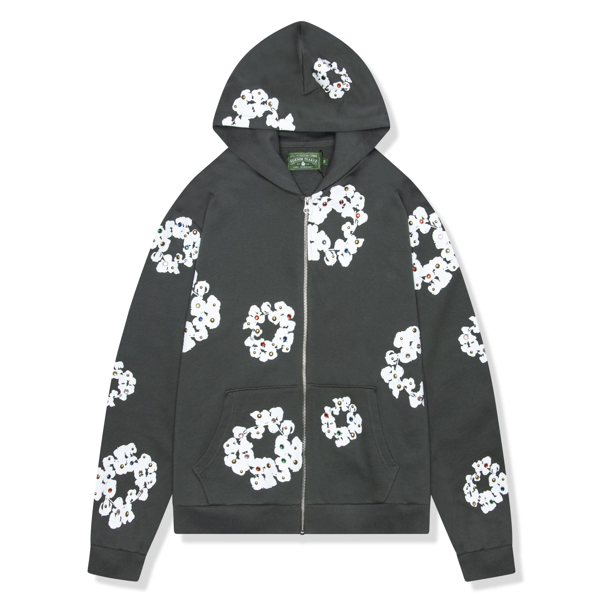 Front view of Denim Tears Rhinestone The Cotton Wreath Vintage Black Zip-Up Hoodie