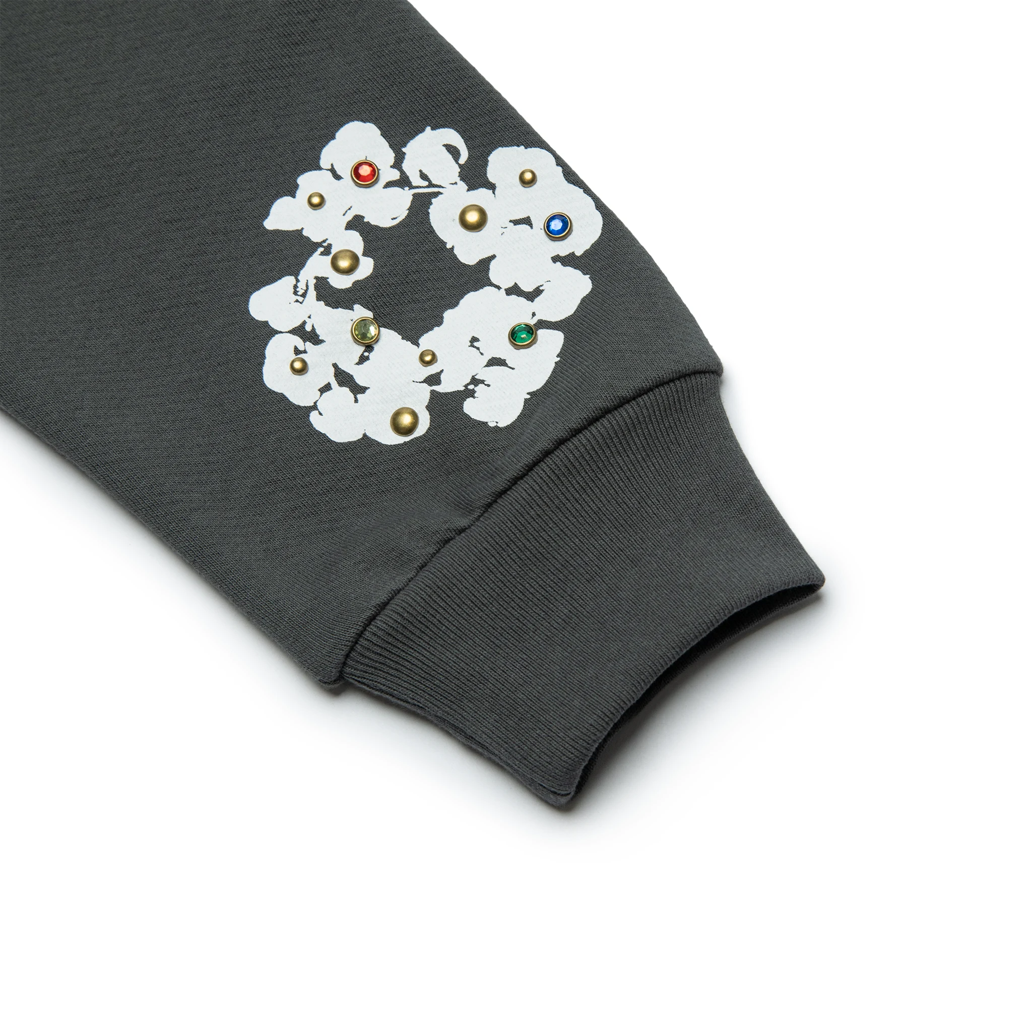 Detail view of Denim Tears Rhinestone The Cotton Wreath Vintage Black Zip-Up Hoodie