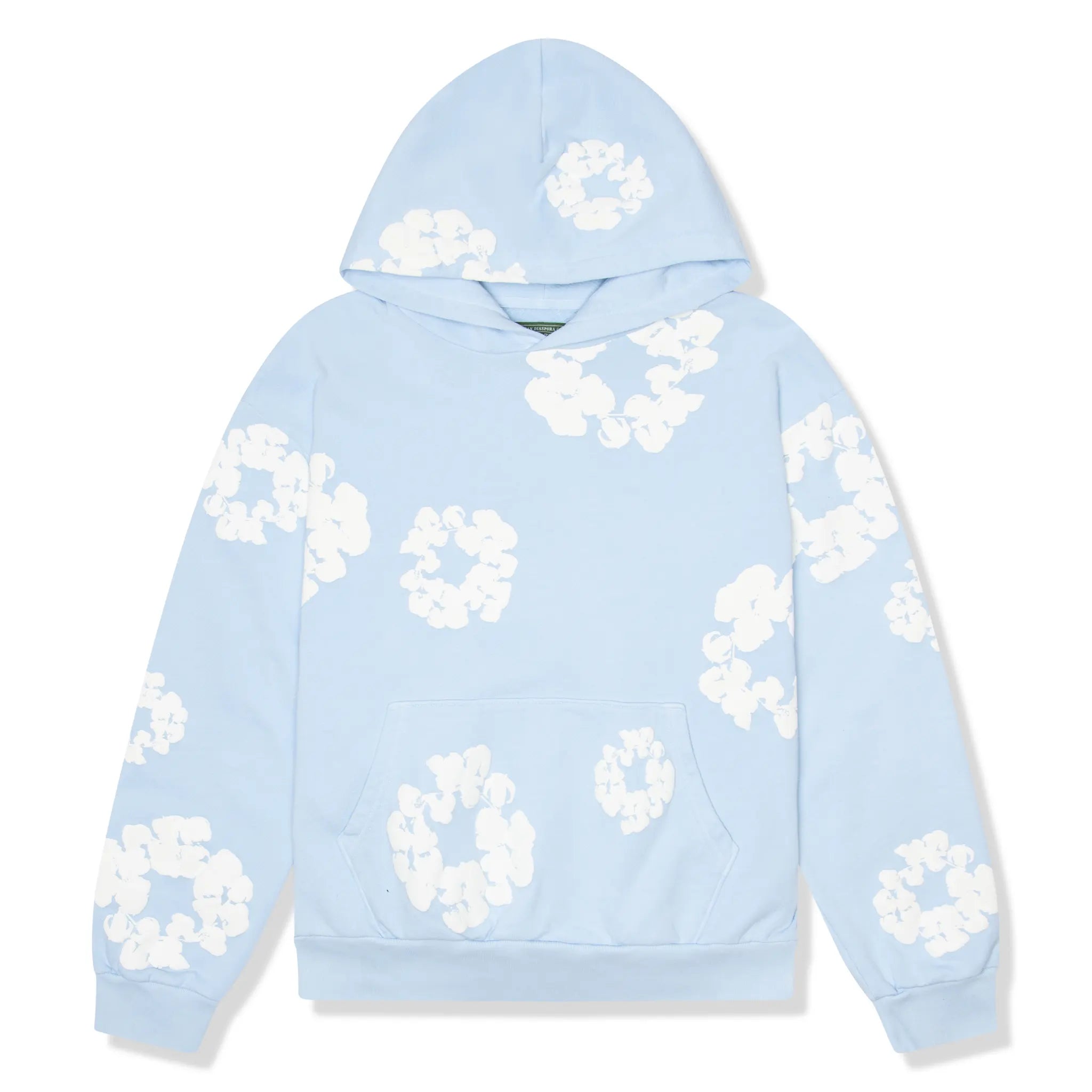 Front view of Denim Tears The Cotton Wreath Powder Blue Hoodie