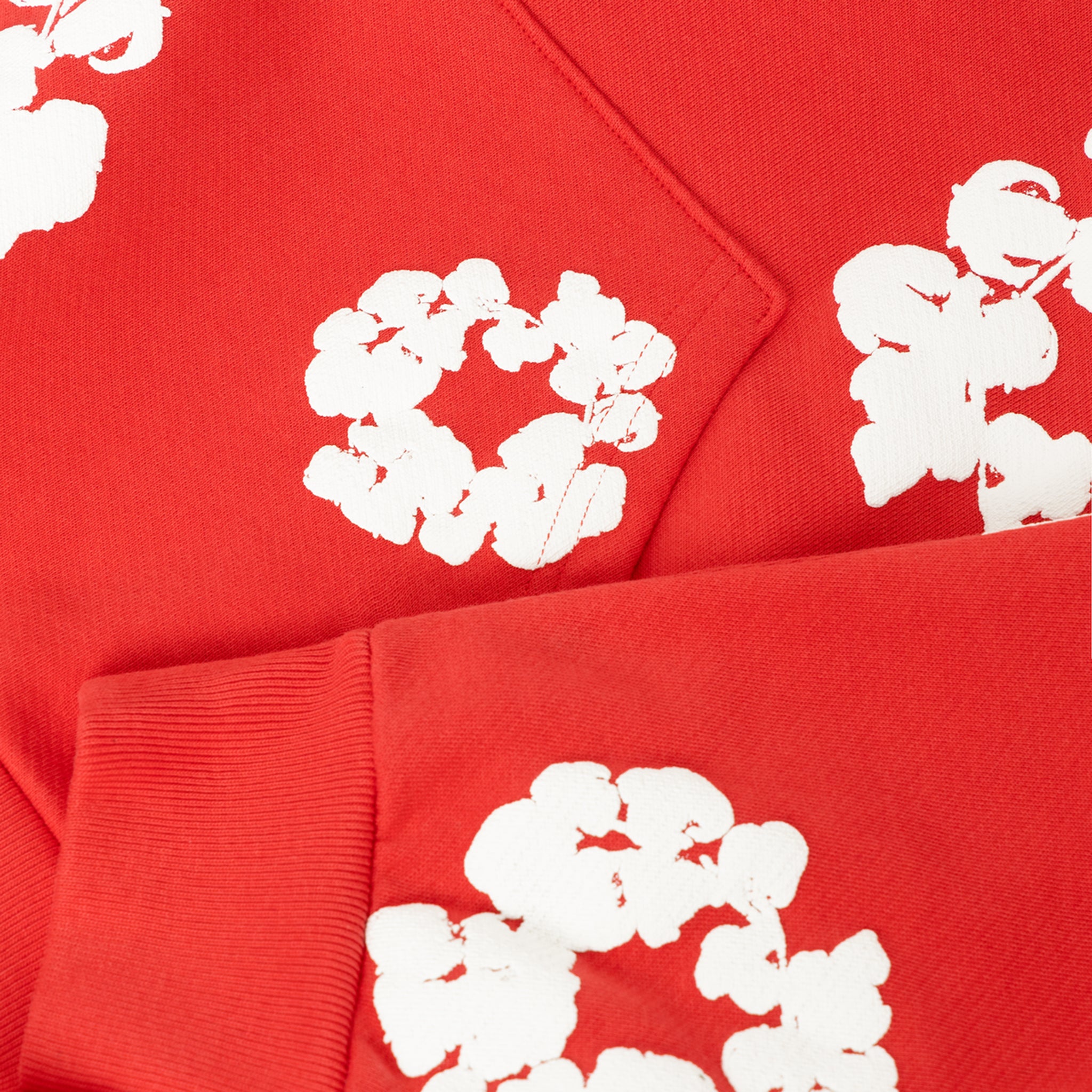 Detail view of Denim Tears The Cotton Wreath Red Hoodie