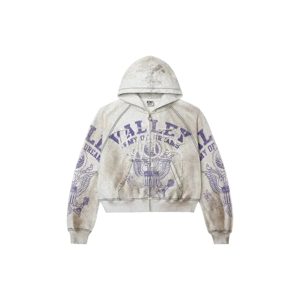 Front View of Vale Forever Valley Dreams Army Dirt Grey Zip-Up Hoodie
