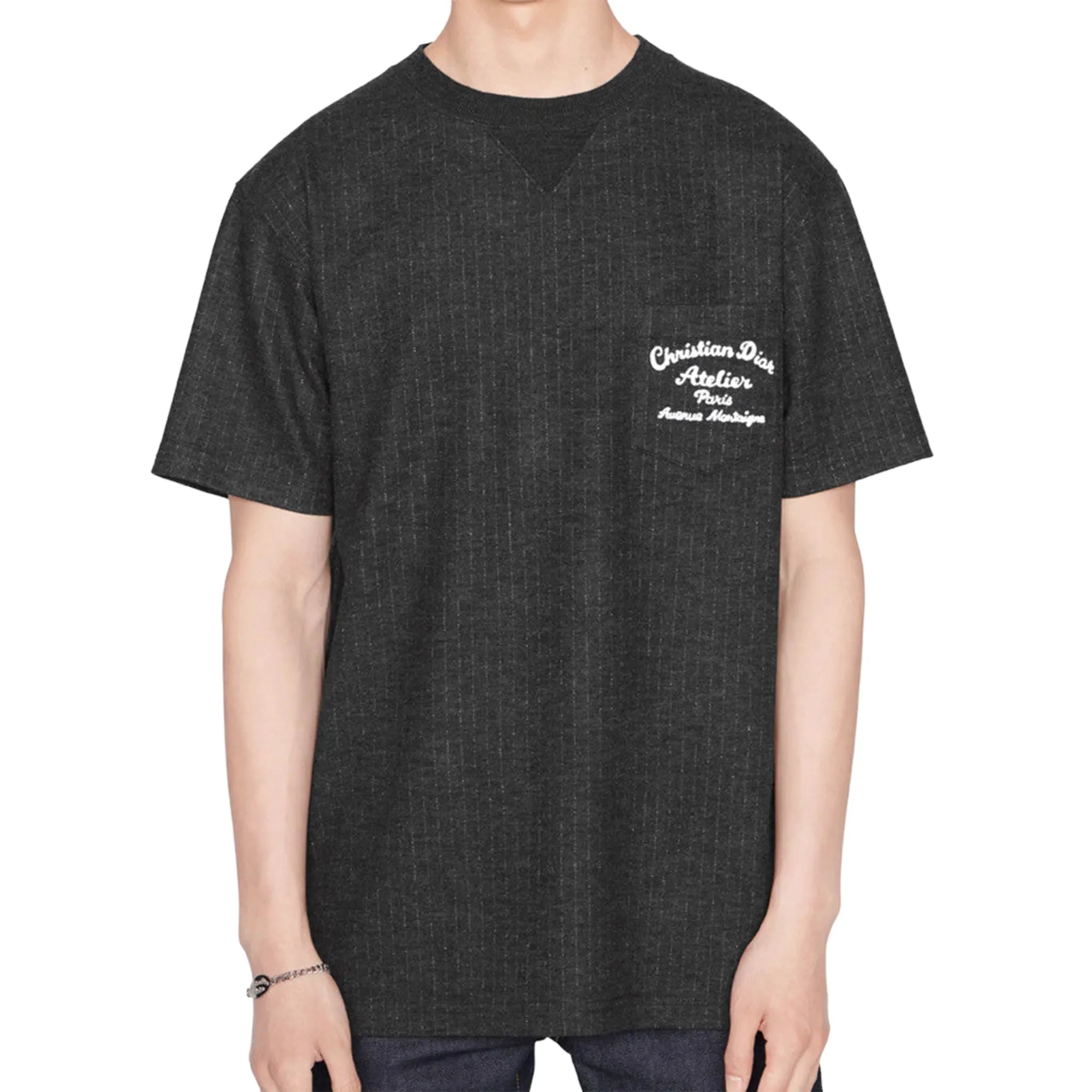 Front View of Dior Atelier Striped Chest Logo Dark Grey T Shirt 213J637A0739_C870